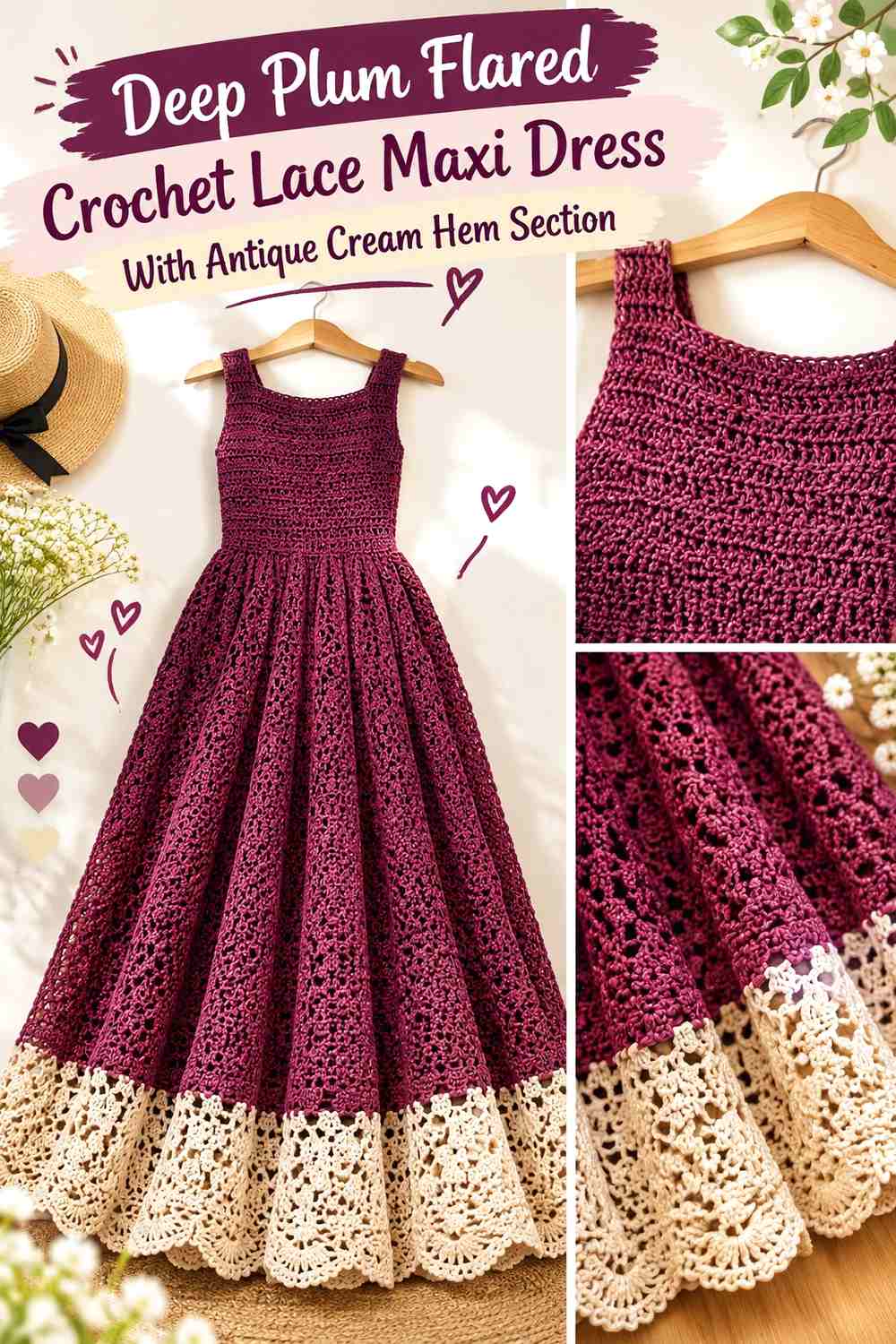 Deep Plum Flared Crochet Lace Maxi Dress With Antique Cream Hem Section