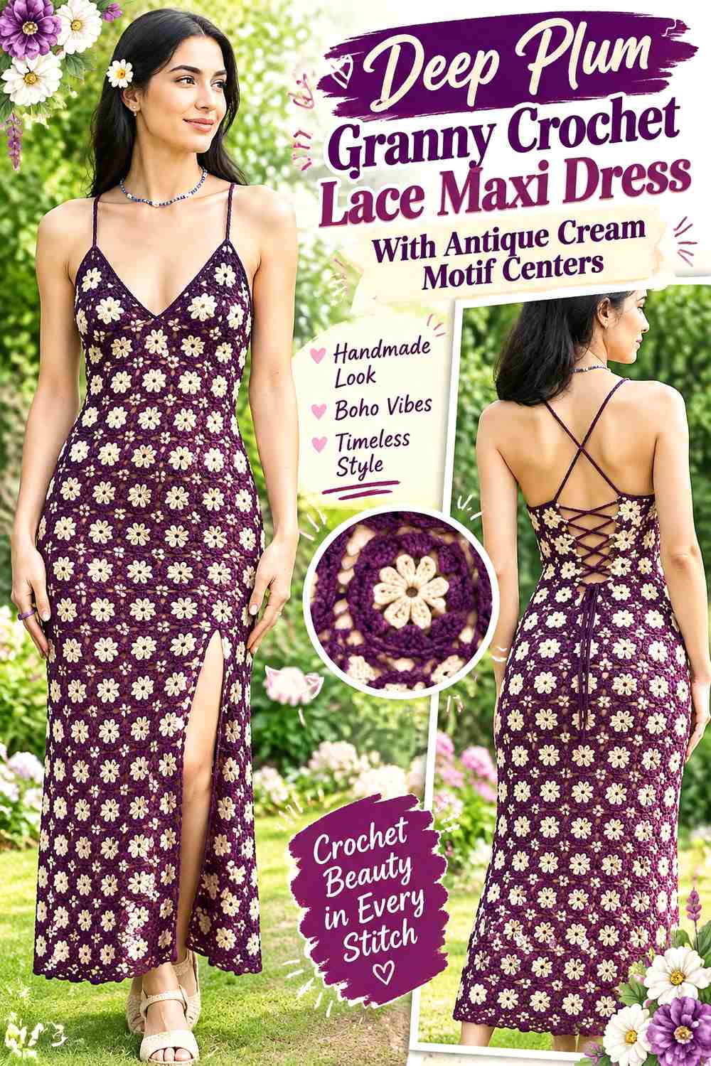 Deep Plum Granny Crochet Lace Maxi Dress With Antique Cream Motif Centers
