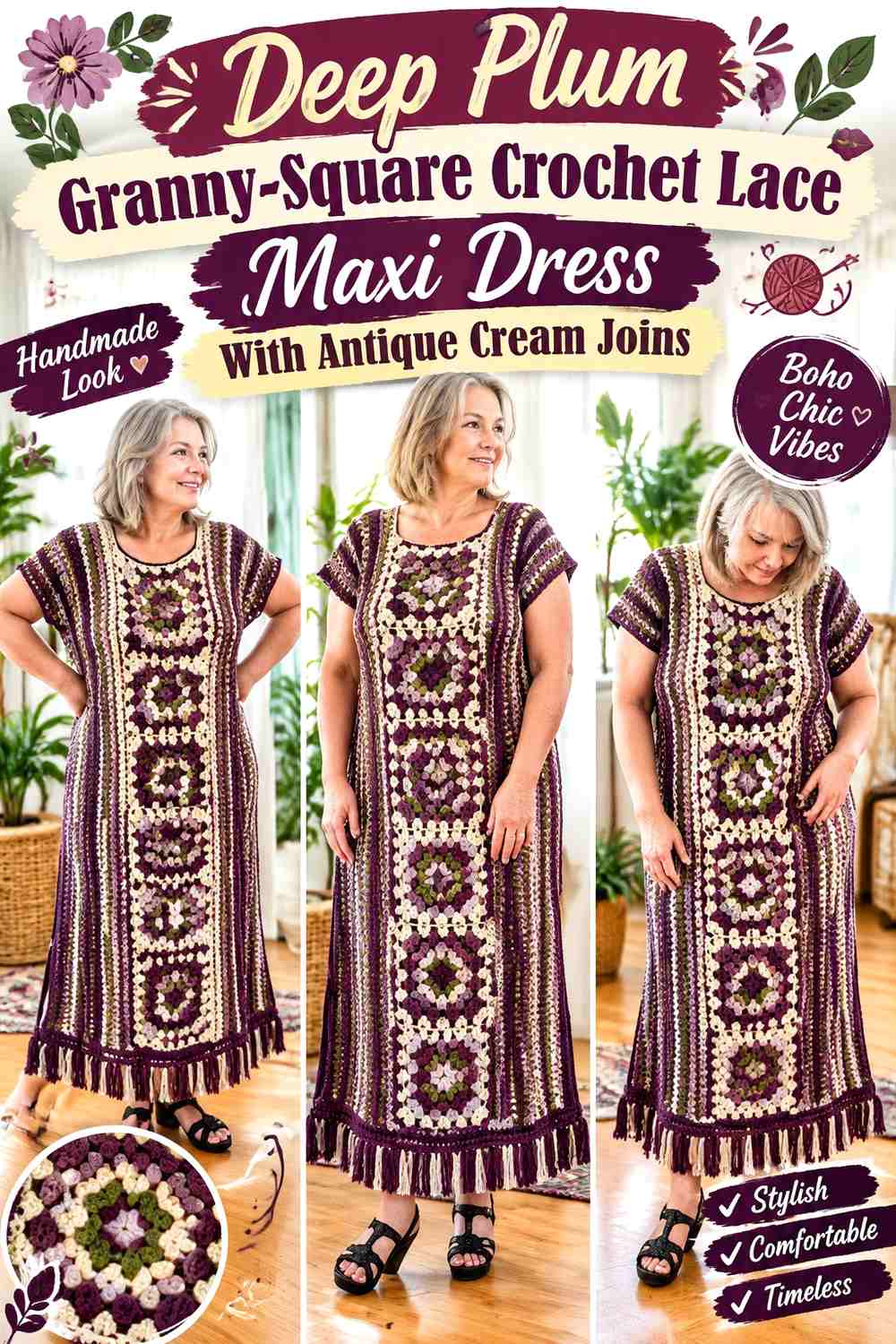 Deep Plum Granny-Square Crochet Lace Maxi Dress With Antique Cream Joins