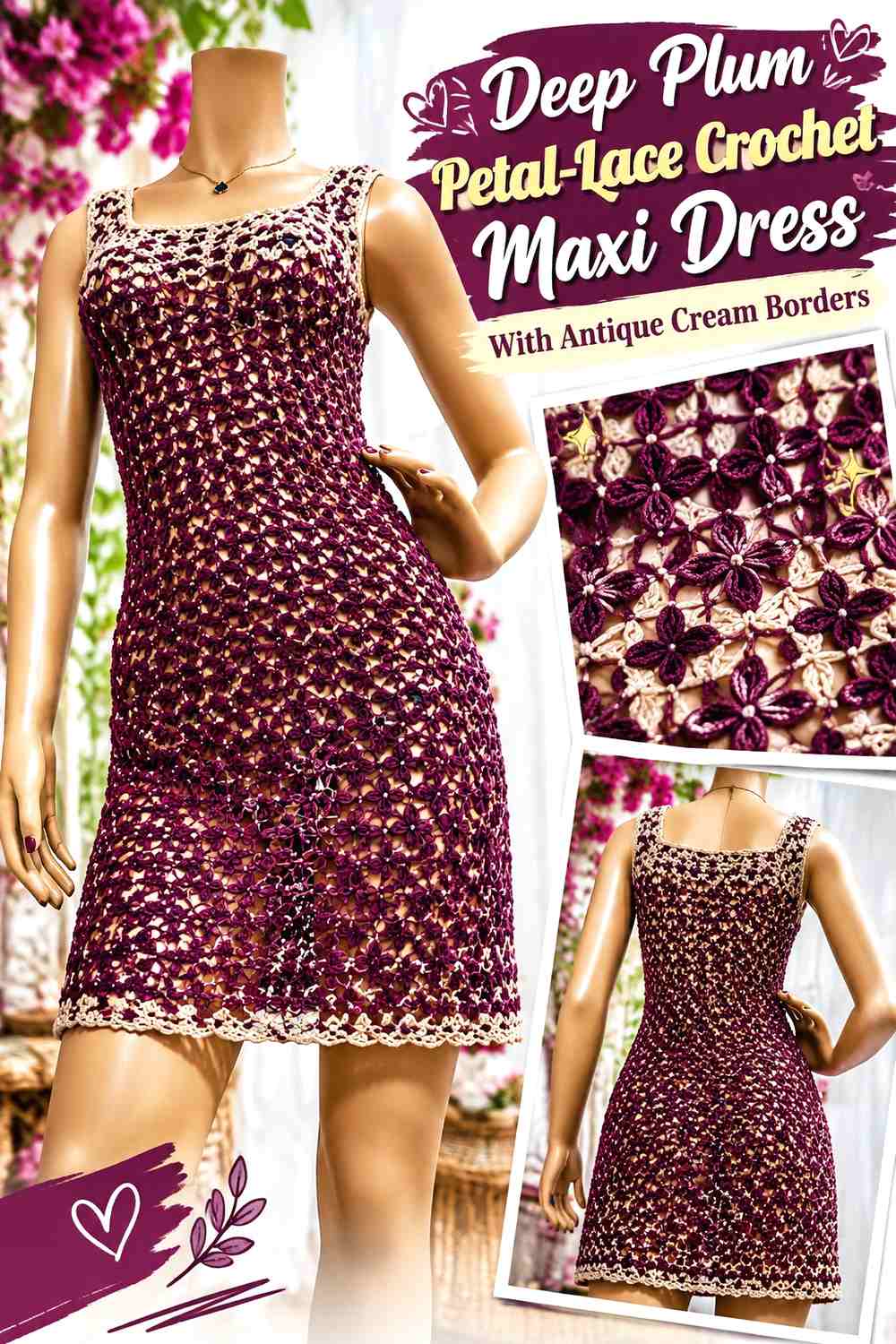Deep Plum Petal-Lace Crochet Maxi Dress With Antique Cream Borders