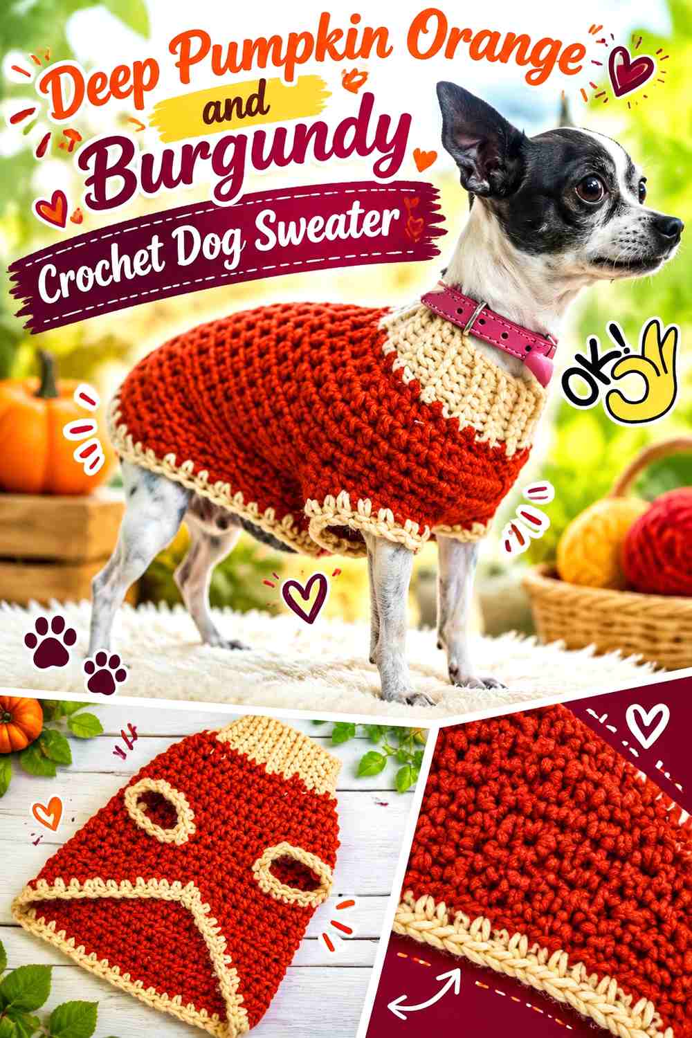 Deep Pumpkin Orange and Burgundy Crochet Dog Sweater