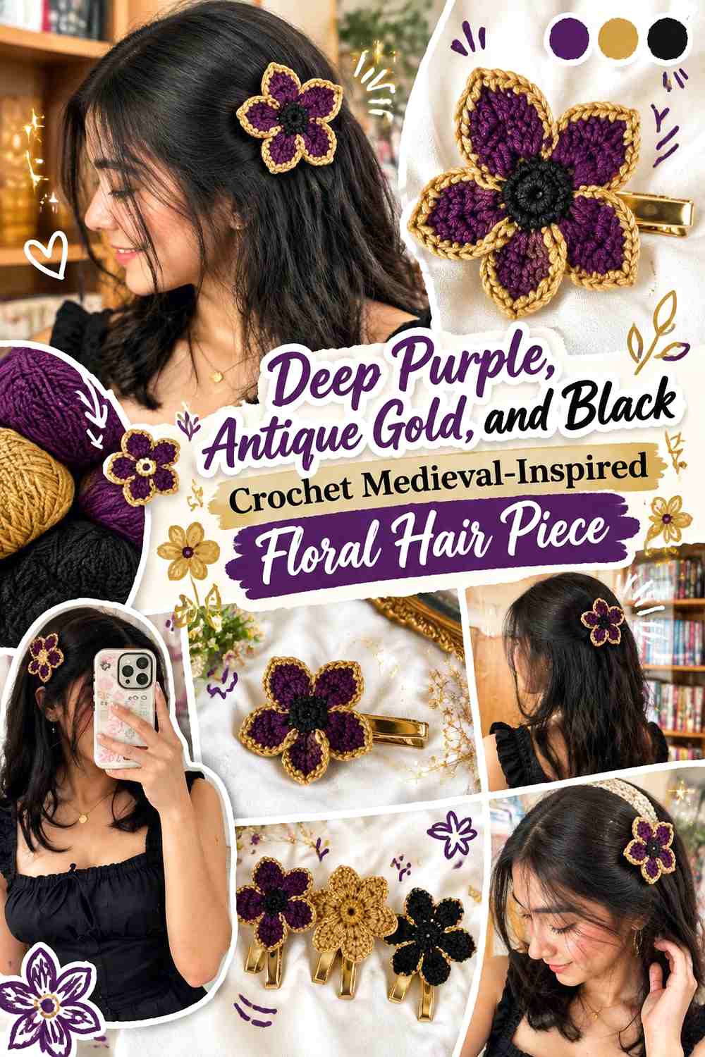 Deep Purple, Antique Gold, and Black Crochet Medieval-Inspired Floral Hair Piece