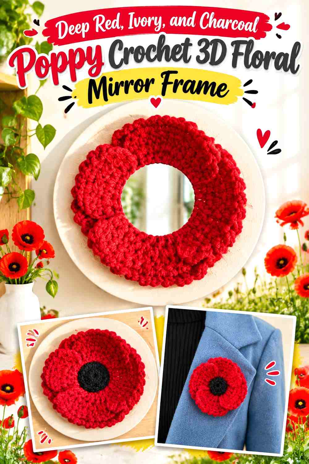 Deep Red, Ivory, and Charcoal Poppy Crochet 3D Floral Mirror Frame