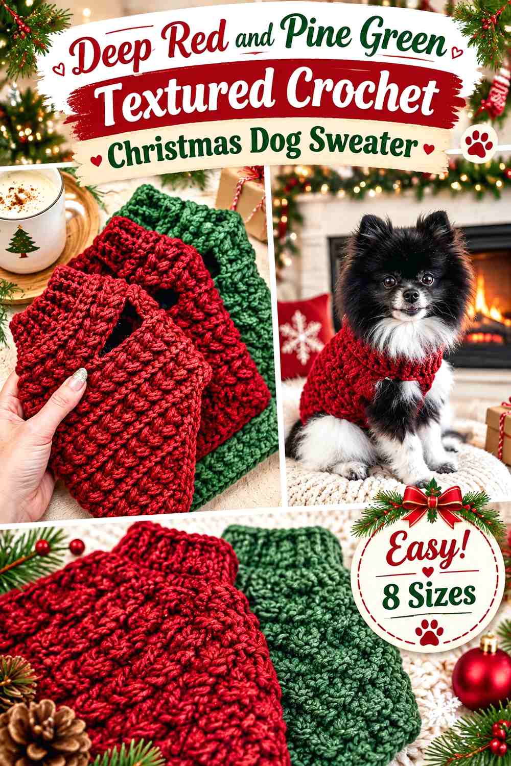 Deep Red and Pine Green Textured Crochet Christmas Dog Sweater