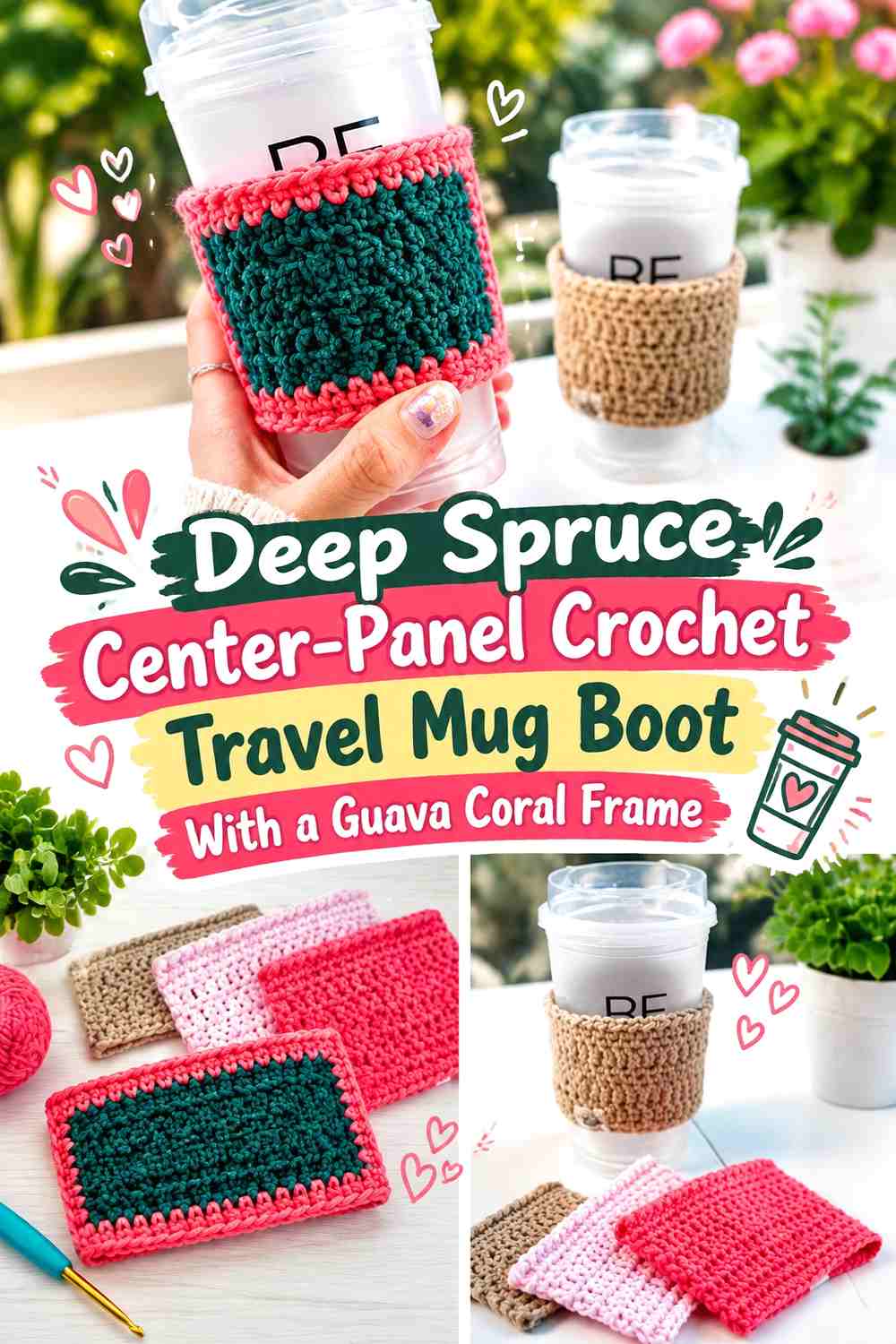 Deep Spruce Center-Panel Crochet Travel Mug Boot With a Guava Coral Frame