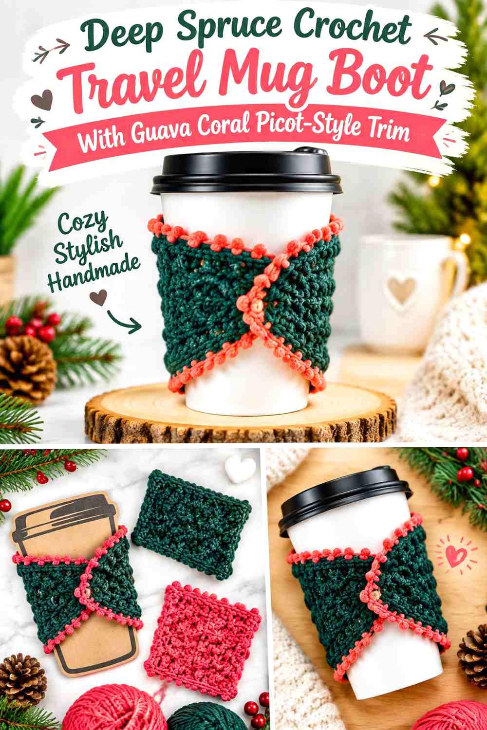 Deep Spruce Crochet Travel Mug Boot With Guava Coral Picot-Style Trim