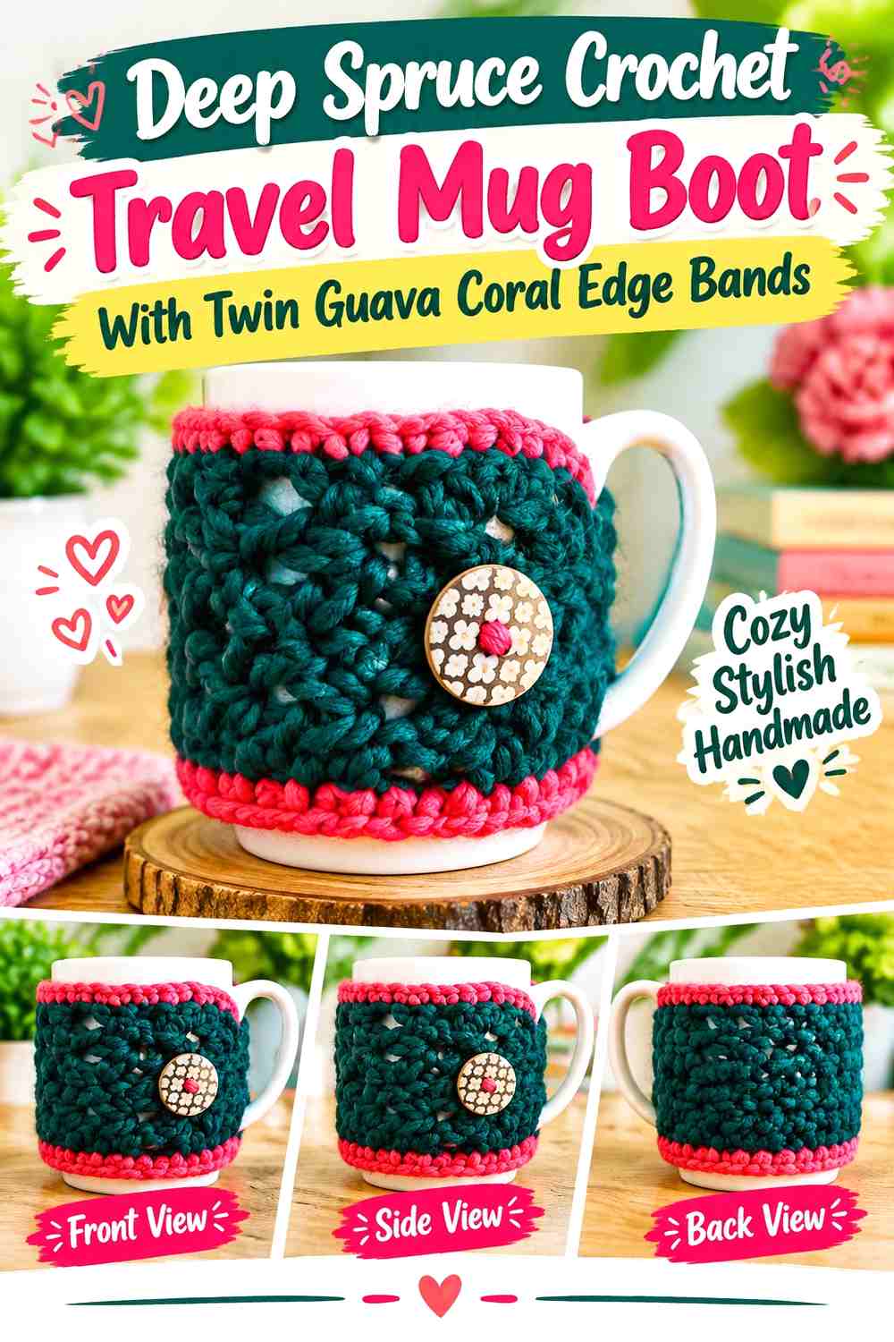 Deep Spruce Crochet Travel Mug Boot With Twin Guava Coral Edge Bands