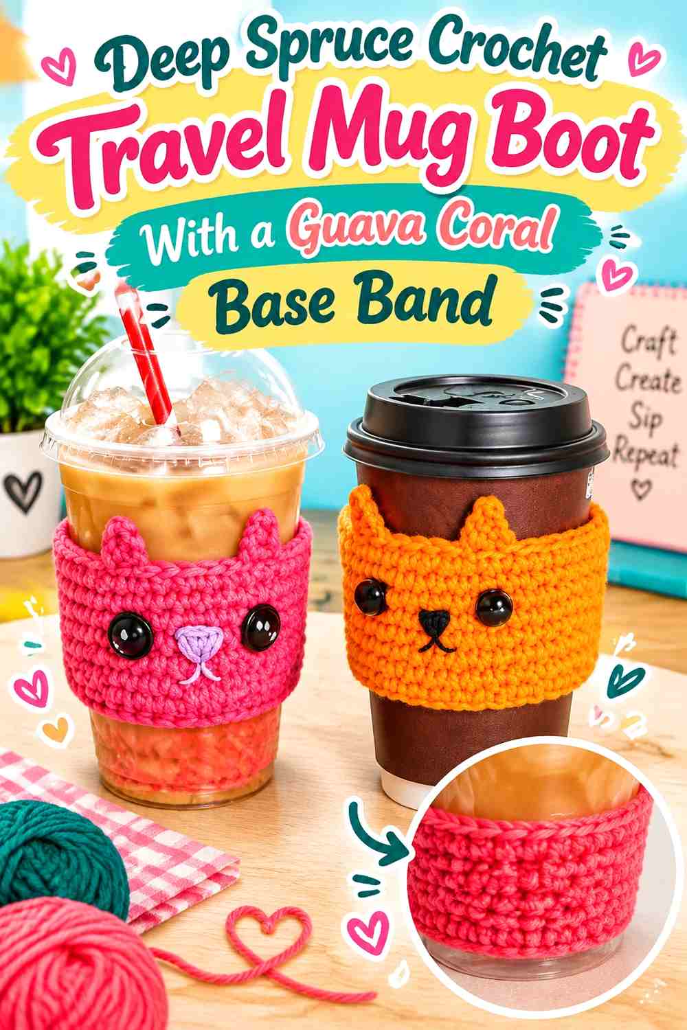 Deep Spruce Crochet Travel Mug Boot With a Guava Coral Base Band
