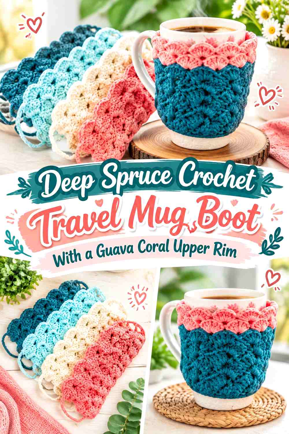 Deep Spruce Crochet Travel Mug Boot With a Guava Coral Upper Rim