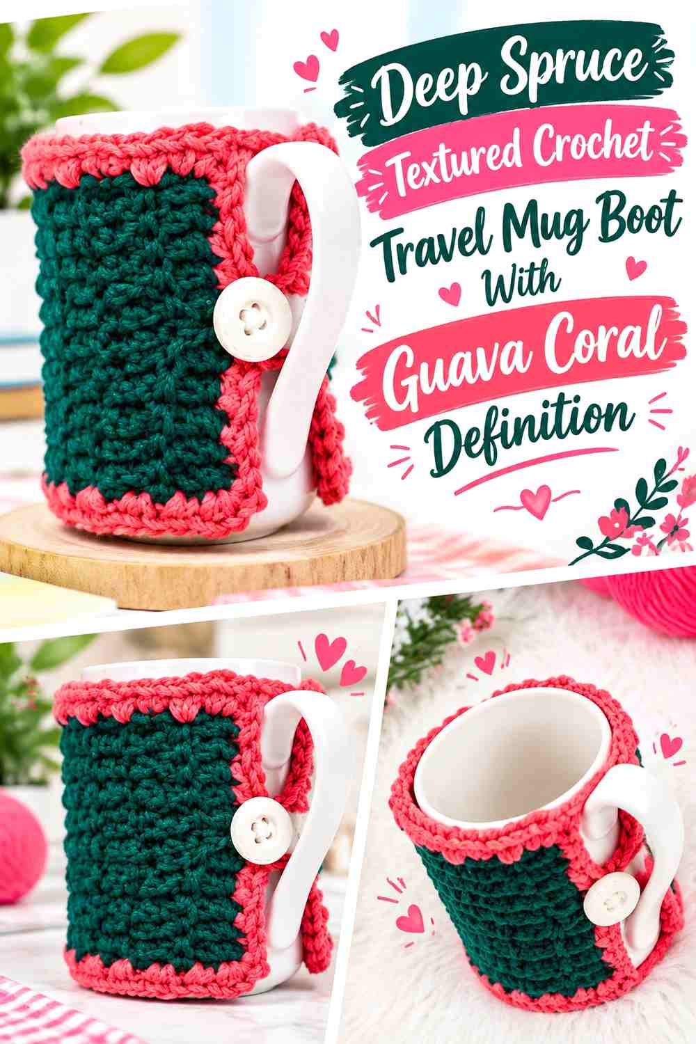 Deep Spruce Textured Crochet Travel Mug Boot With Guava Coral Definition