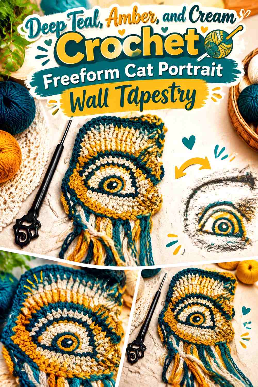 Deep Teal, Amber, and Cream Crochet Freeform Cat Portrait Wall Tapestry