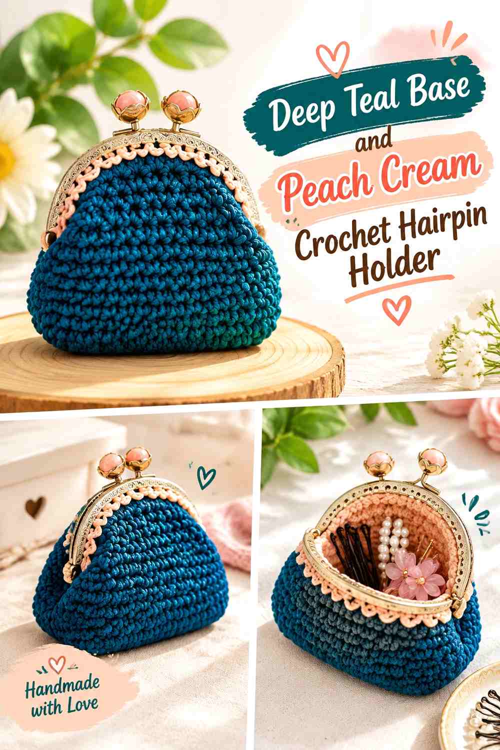 Deep Teal Base and Peach Cream Crochet Hairpin Holder