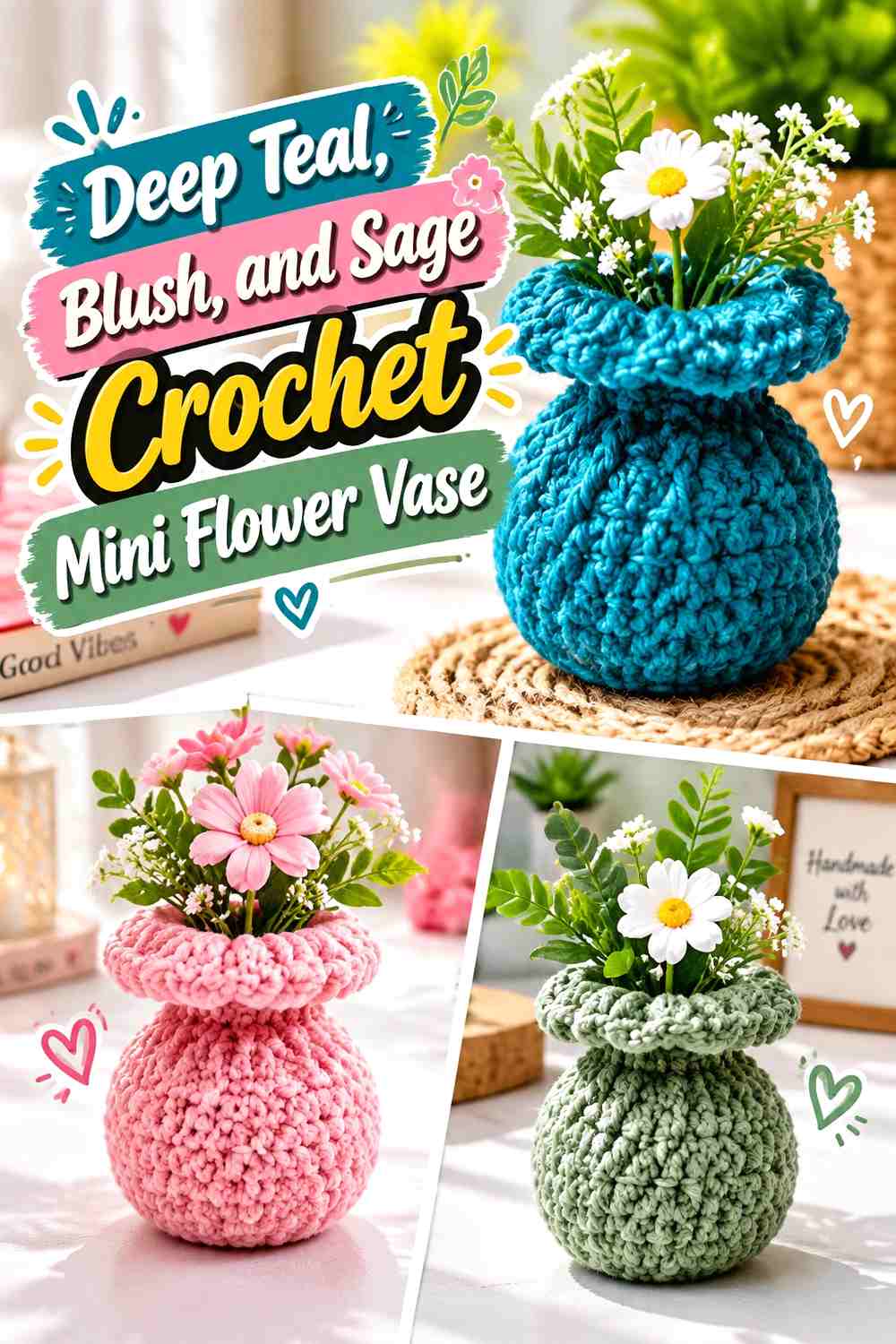 Deep Teal, Blush, and Sage Crochet Mini Flower Vase