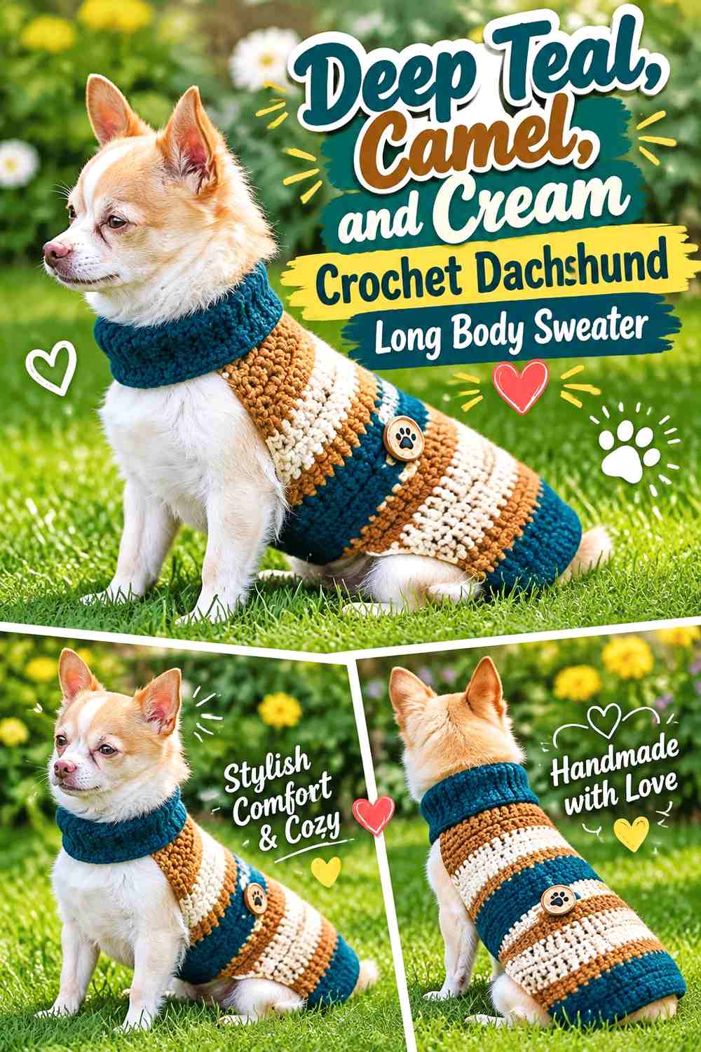 Deep Teal, Camel, and Cream Crochet Dachshund Long Body Sweater