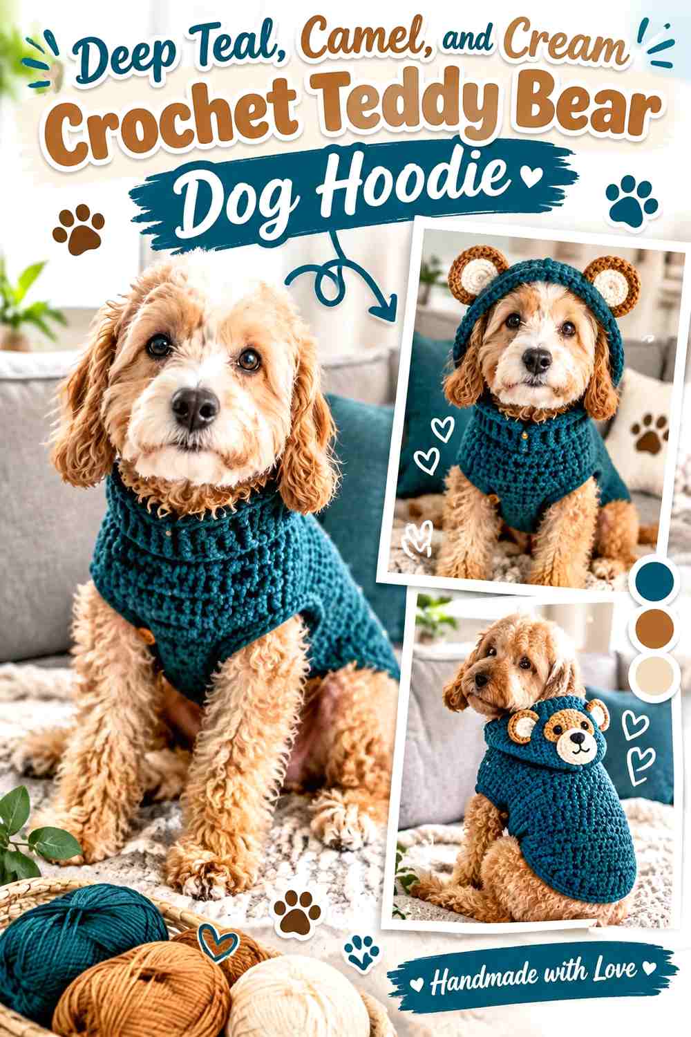 Deep Teal, Camel, and Cream Crochet Teddy Bear Dog Hoodie