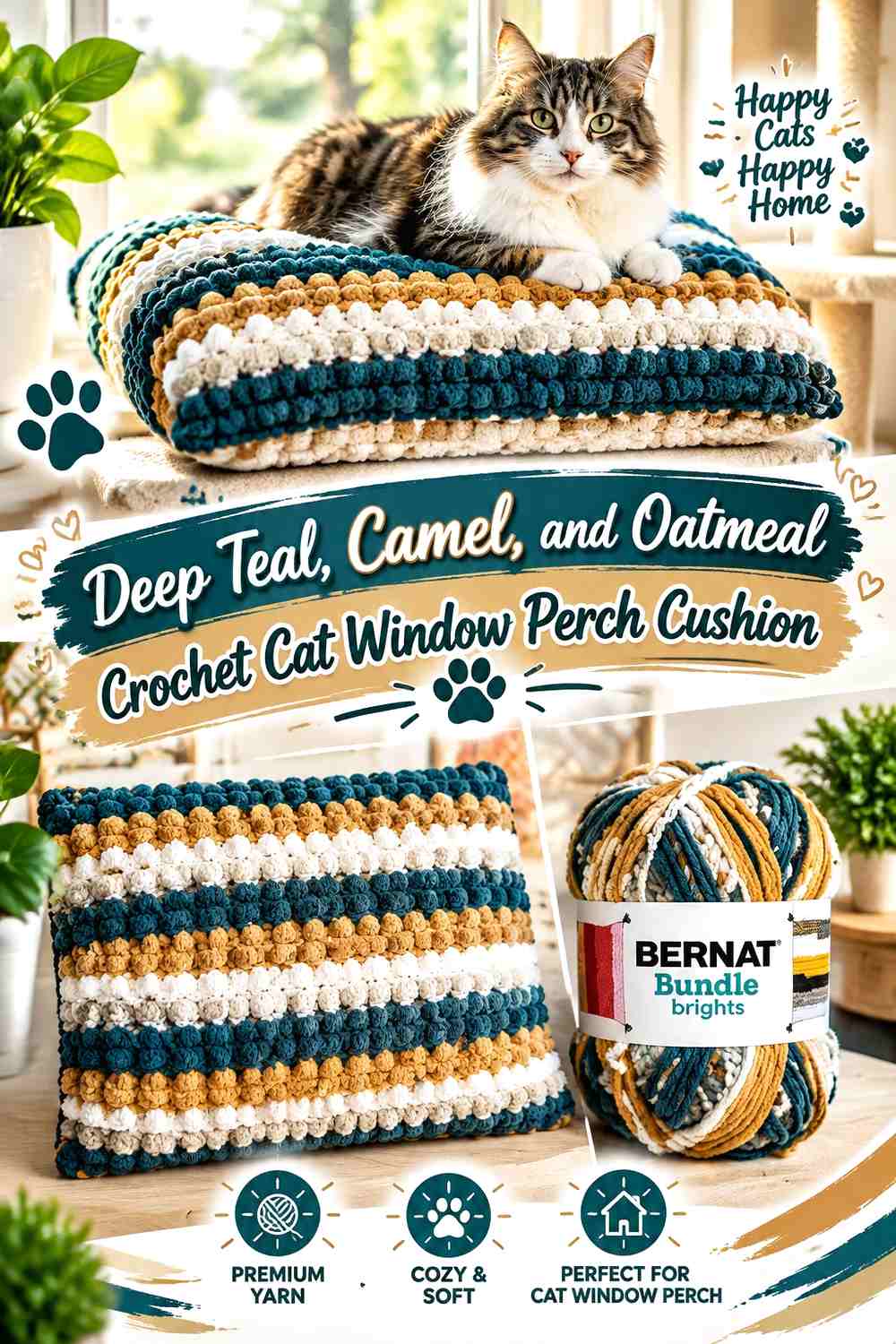 Deep Teal, Camel, and Oatmeal Crochet Cat Window Perch Cushion