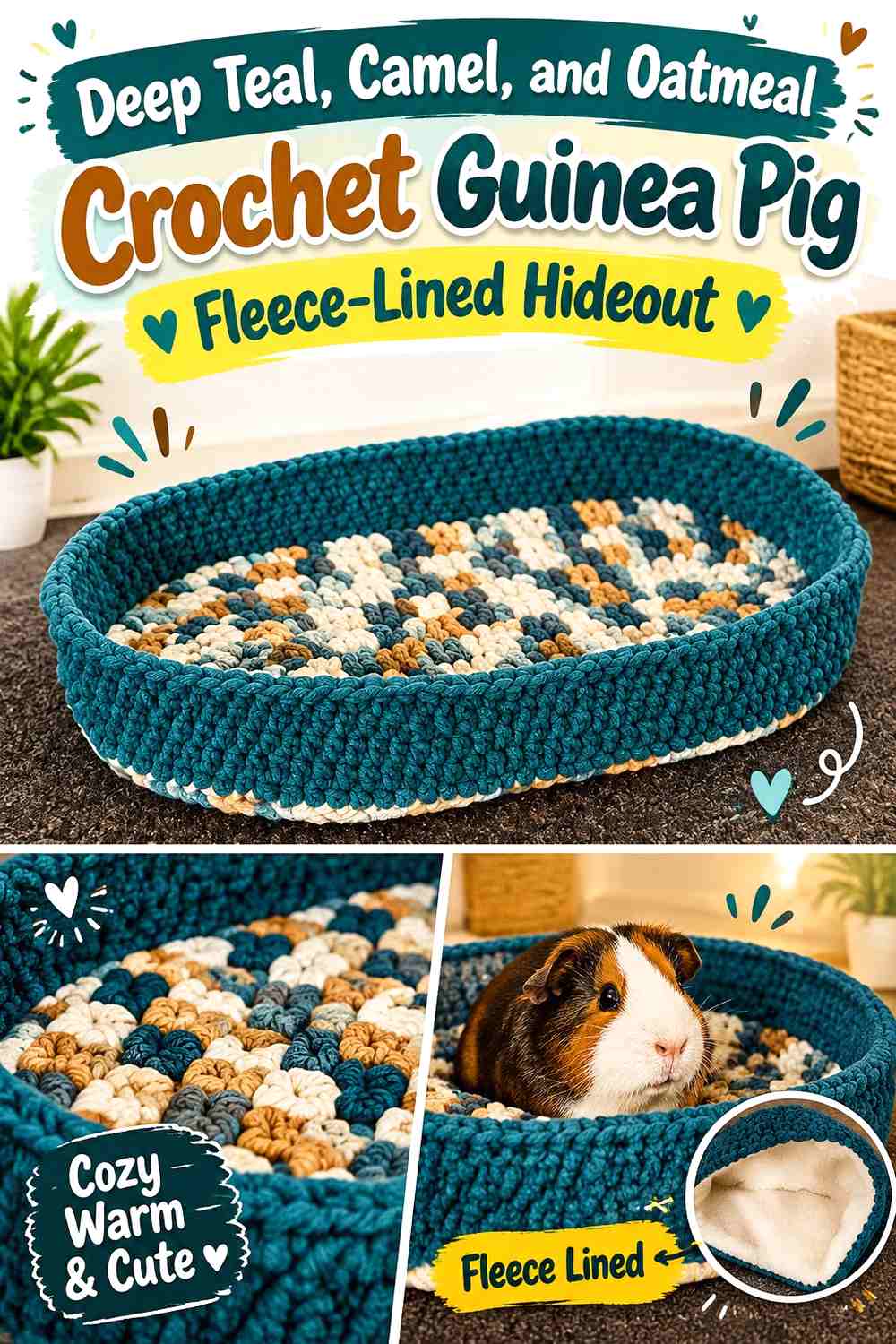 Deep Teal, Camel, and Oatmeal Crochet Guinea Pig Fleece-Lined Hideout
