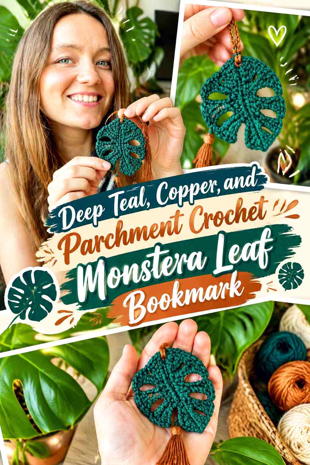 Deep Teal, Copper, and Parchment Crochet Monstera Leaf Bookmark