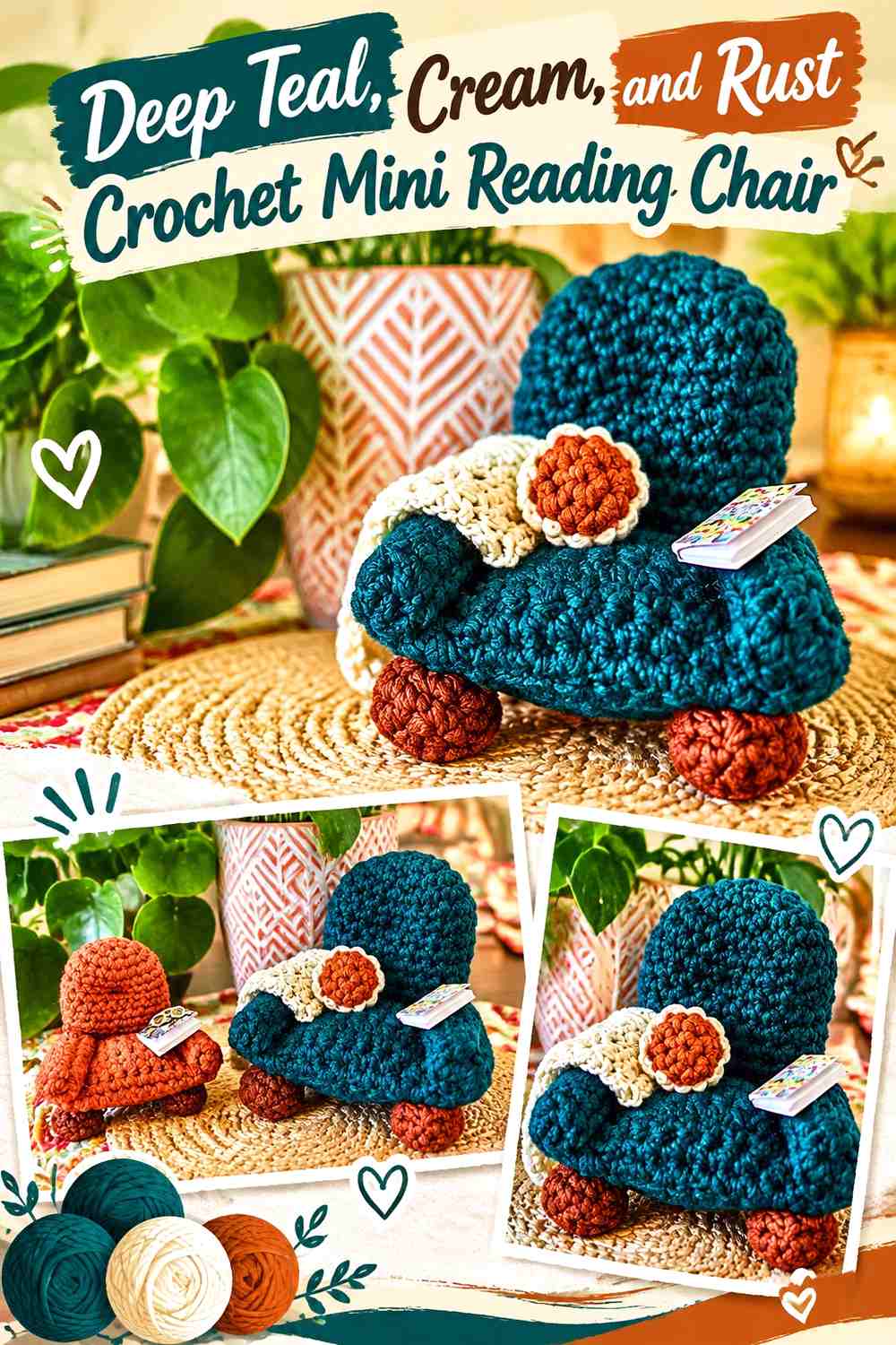 Deep Teal, Cream, and Rust Crochet Mini Reading Chair