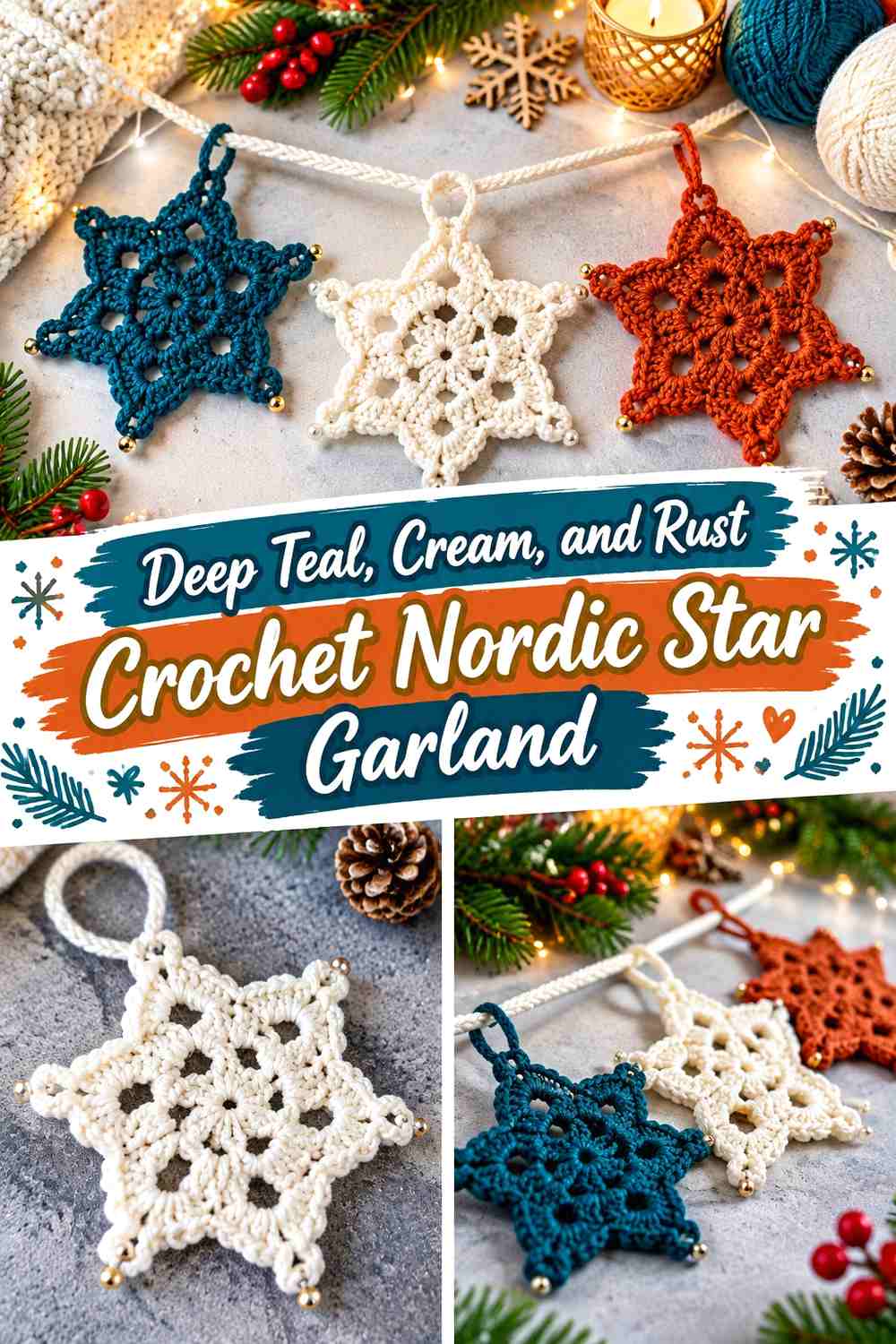 Deep Teal, Cream, and Rust Crochet Nordic Star Garland