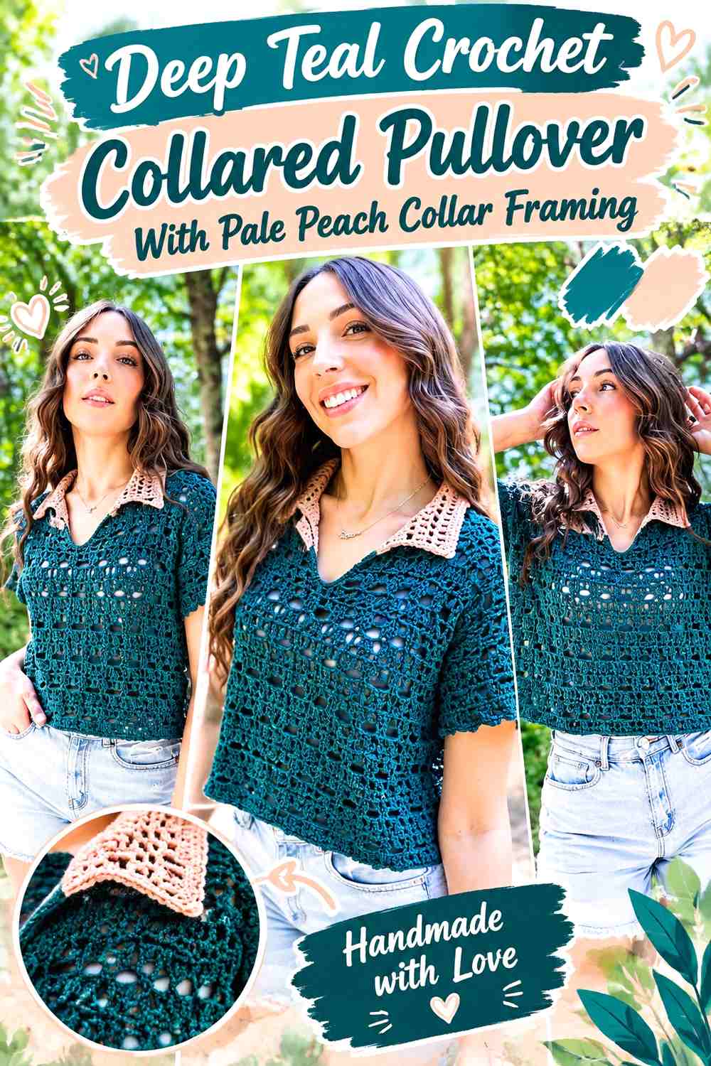 Deep Teal Crochet Collared Pullover With Pale Peach Collar Framing