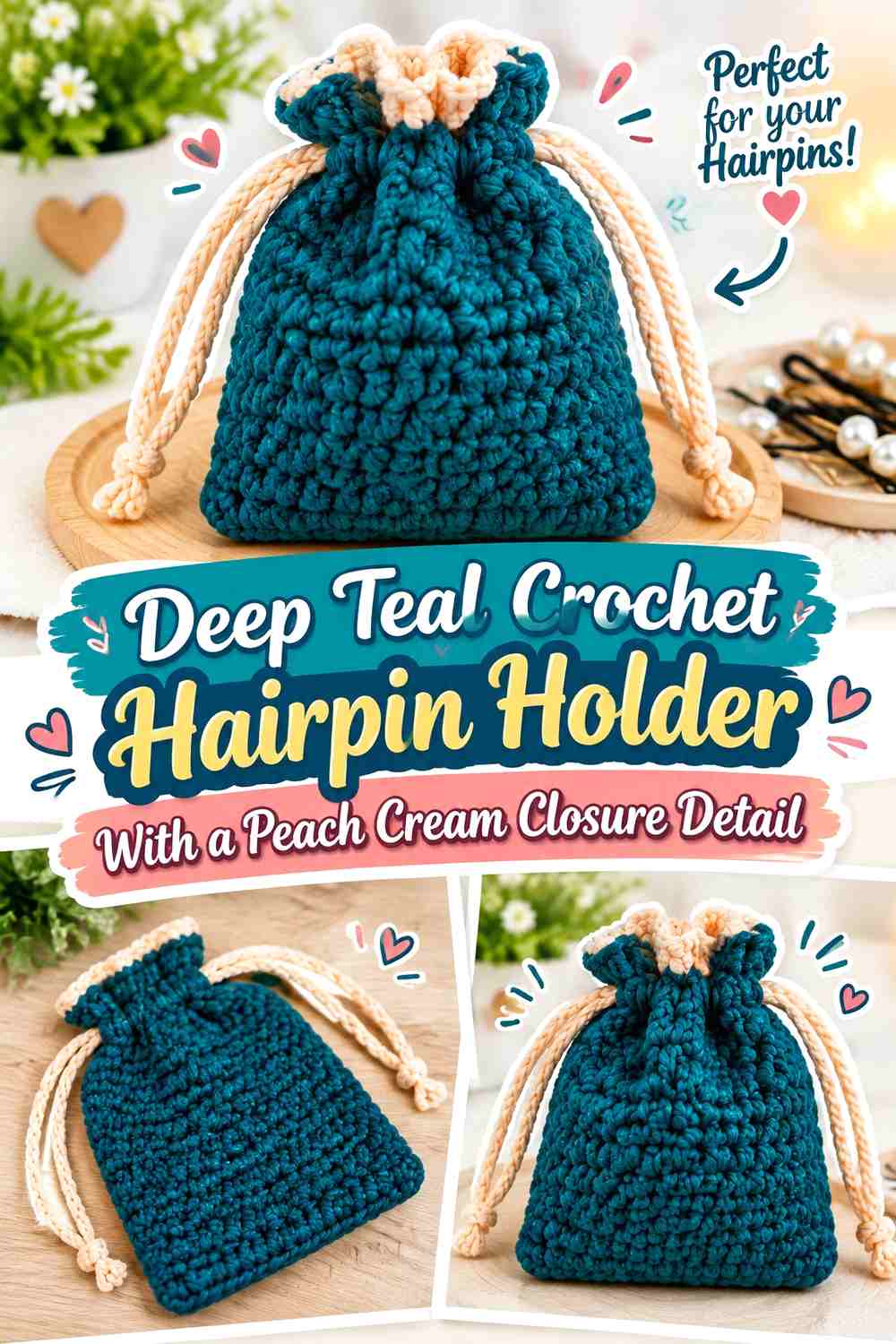 Deep Teal Crochet Hairpin Holder With a Peach Cream Closure Detail
