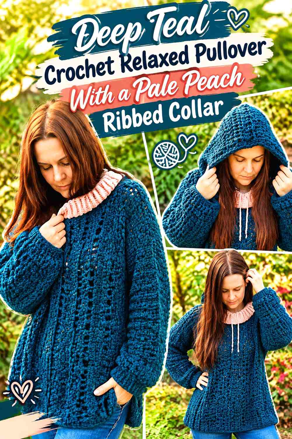 Deep Teal Crochet Relaxed Pullover With a Pale Peach Ribbed Collar