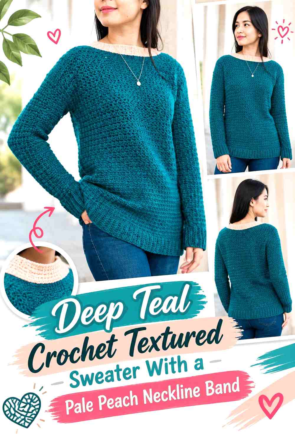 Deep Teal Crochet Textured Sweater With a Pale Peach Neckline Band