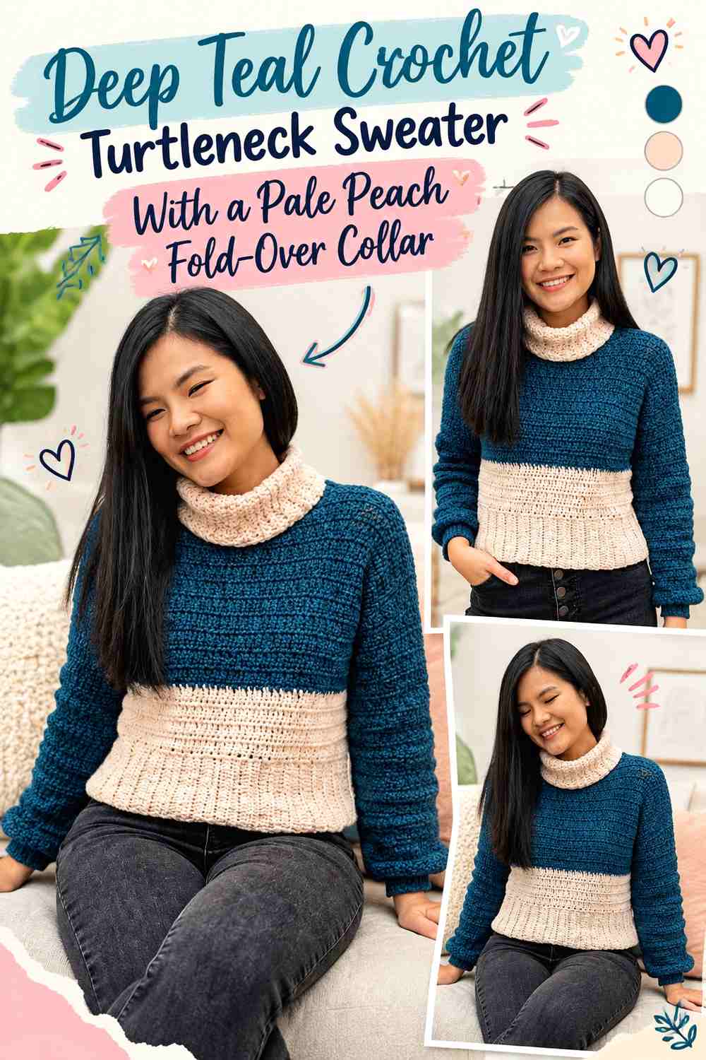 Deep Teal Crochet Turtleneck Sweater With a Pale Peach Fold-Over Collar