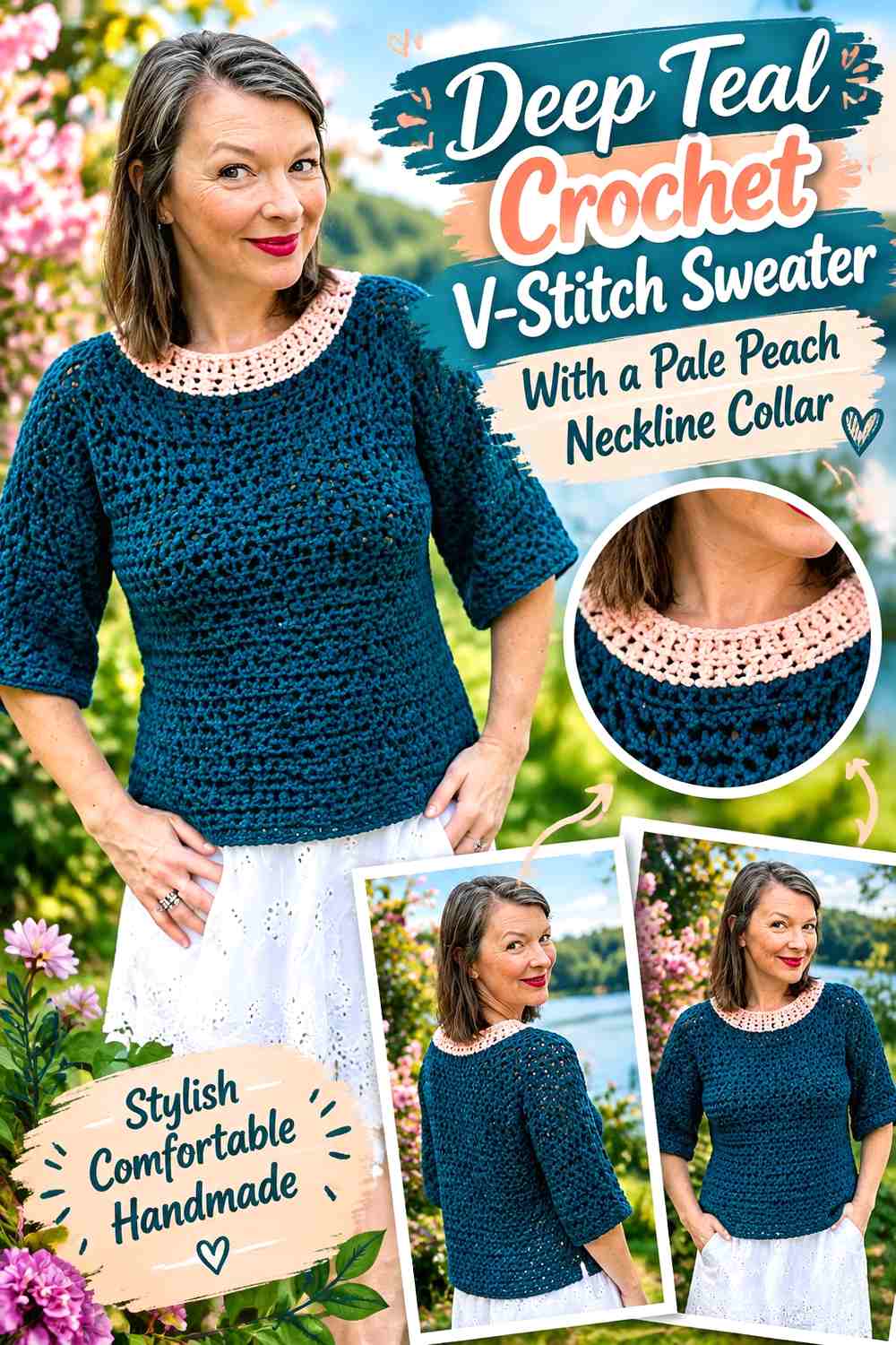Deep Teal Crochet V-Stitch Sweater With a Pale Peach Neckline Collar