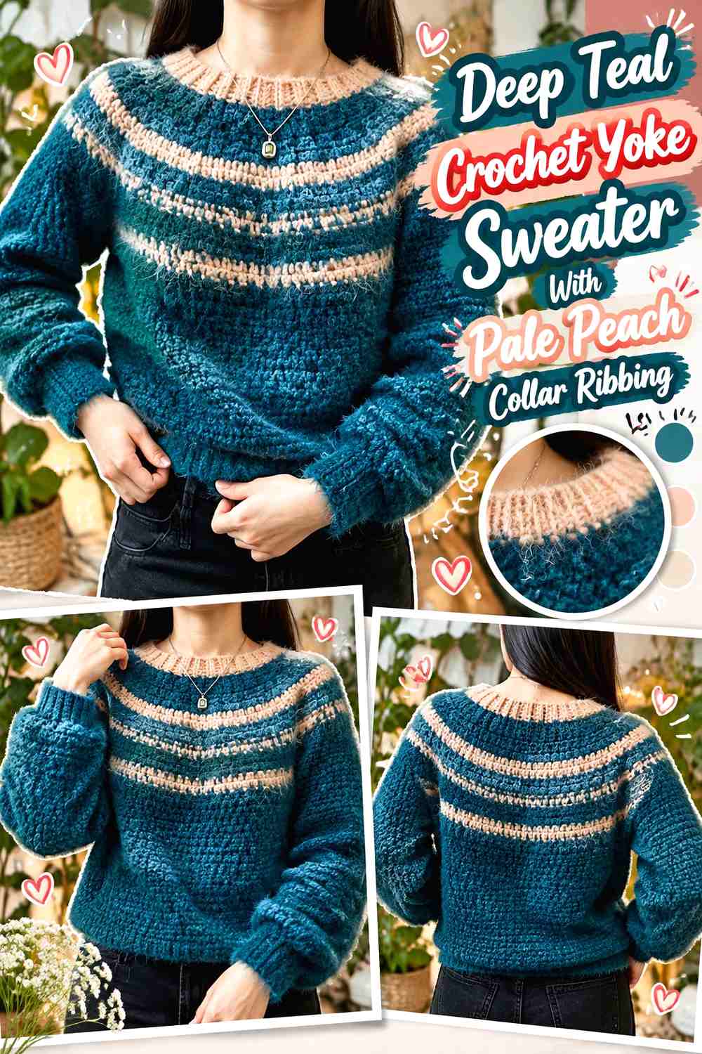 Deep Teal Crochet Yoke Sweater With Pale Peach Collar Ribbing