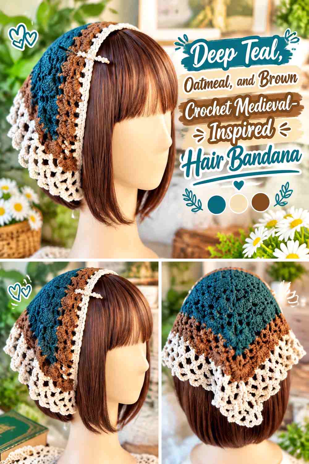 Deep Teal, Oatmeal, and Brown Crochet Medieval-Inspired Hair Bandana