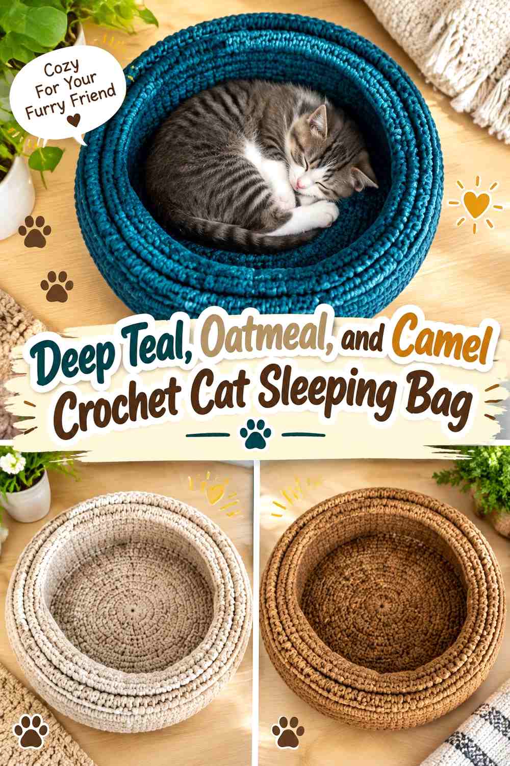 Deep Teal, Oatmeal, and Camel Crochet Cat Sleeping Bag