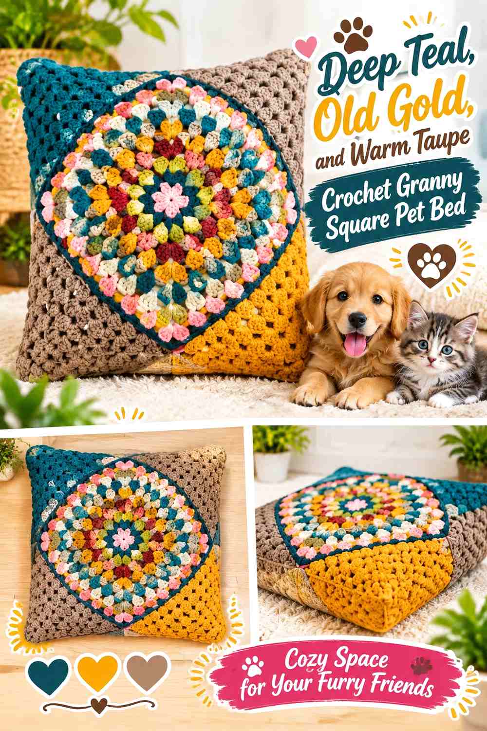 Deep Teal, Old Gold, and Warm Taupe Crochet Granny Square Pet Bed