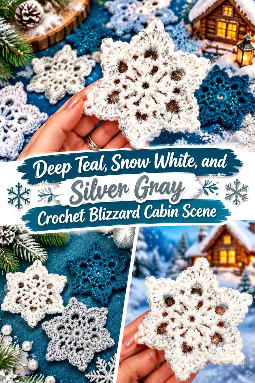 Deep Teal, Snow White, and Silver Gray Crochet Blizzard Cabin Scene