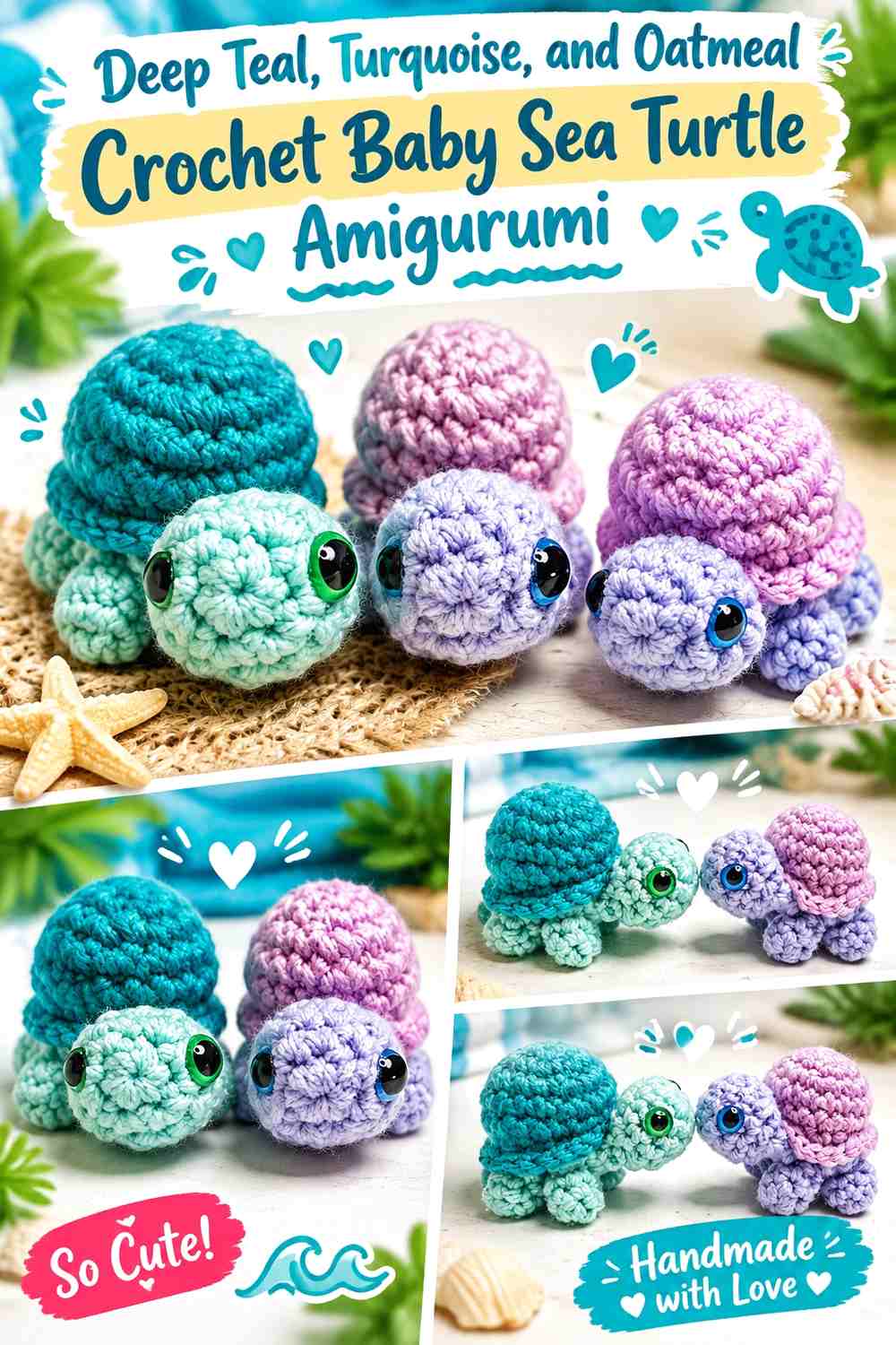 Deep Teal, Turquoise, and Oatmeal Crochet Baby Sea Turtle Amigurumi