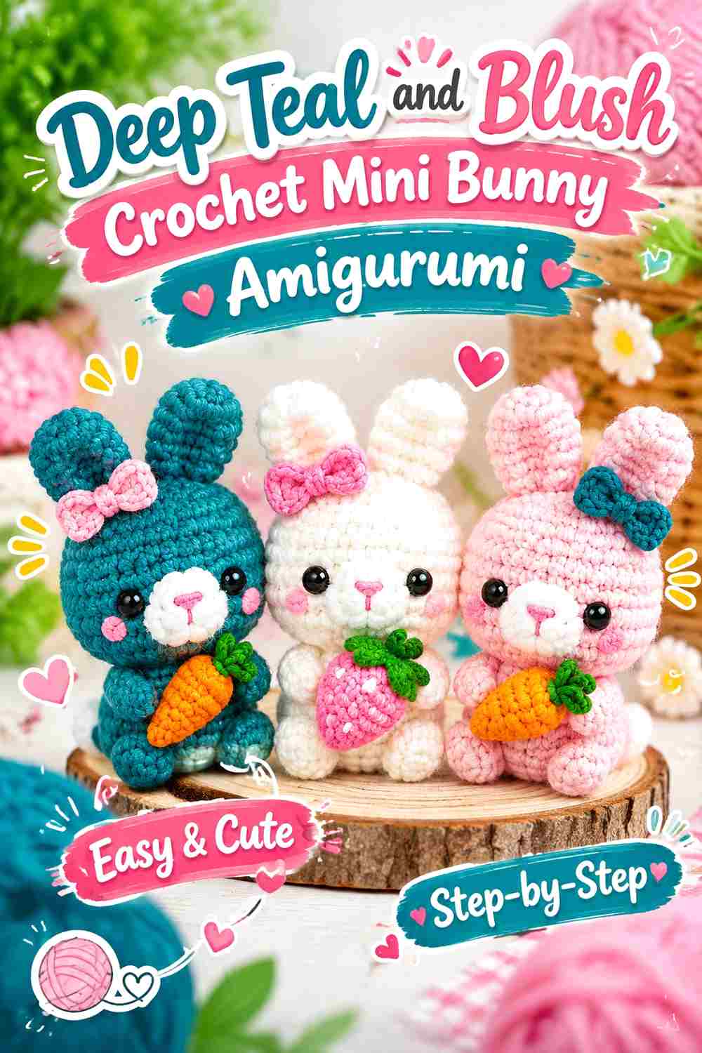 6. Deep Teal And Blush Crochet Mini Bunny Amigurumi