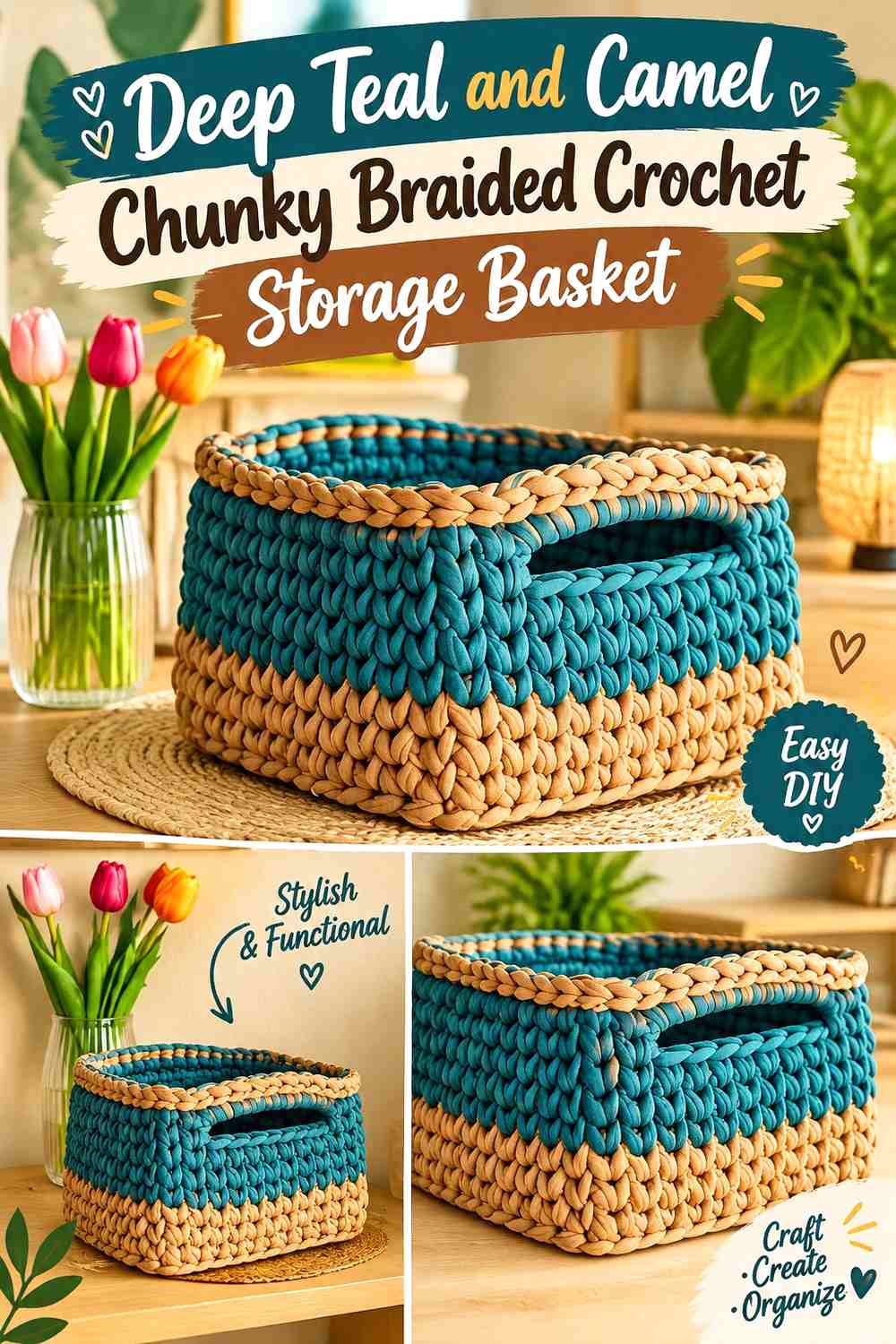 Deep Teal and Camel Chunky Braided Crochet Storage Basket