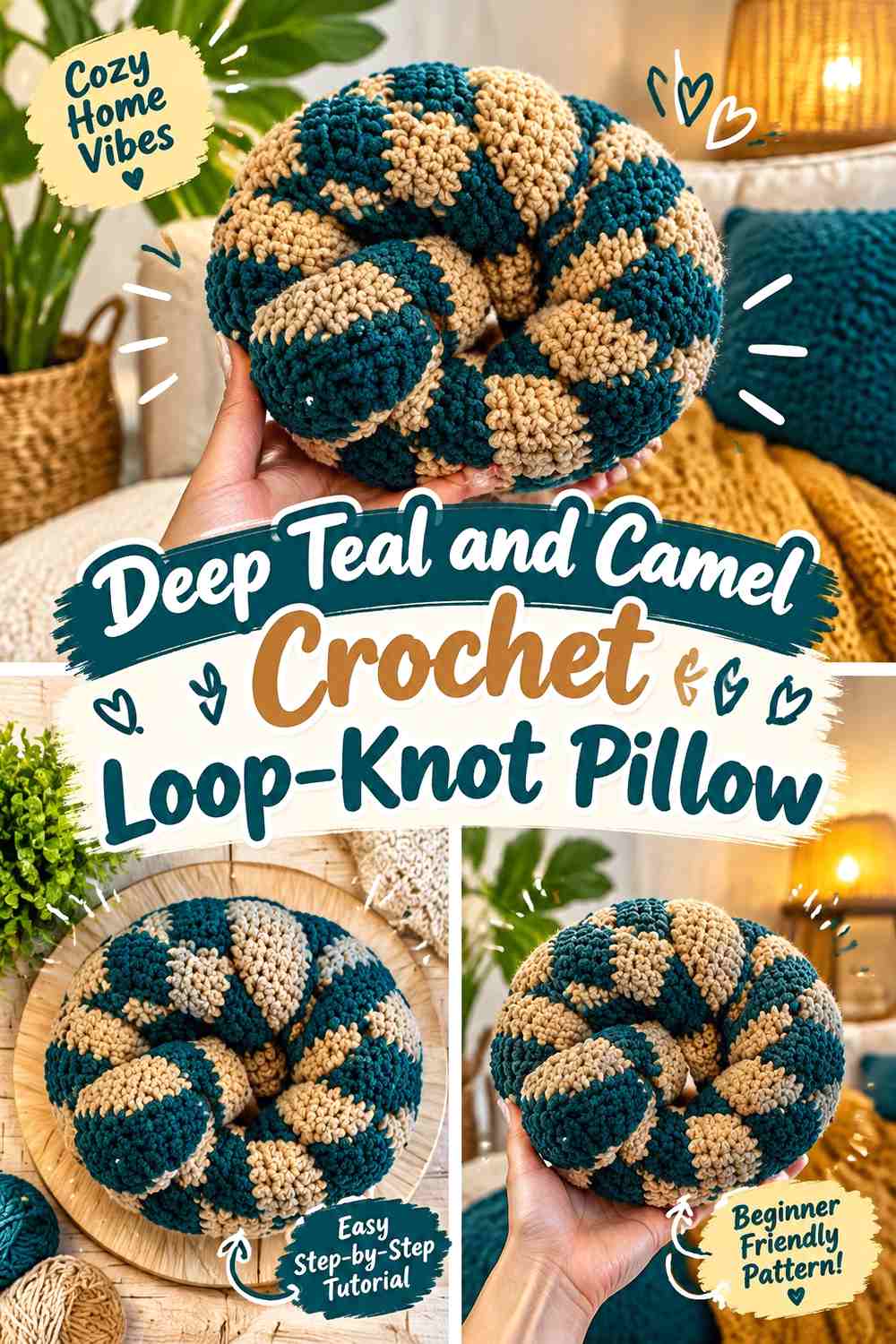 Deep Teal and Camel Crochet Loop-Knot Pillow