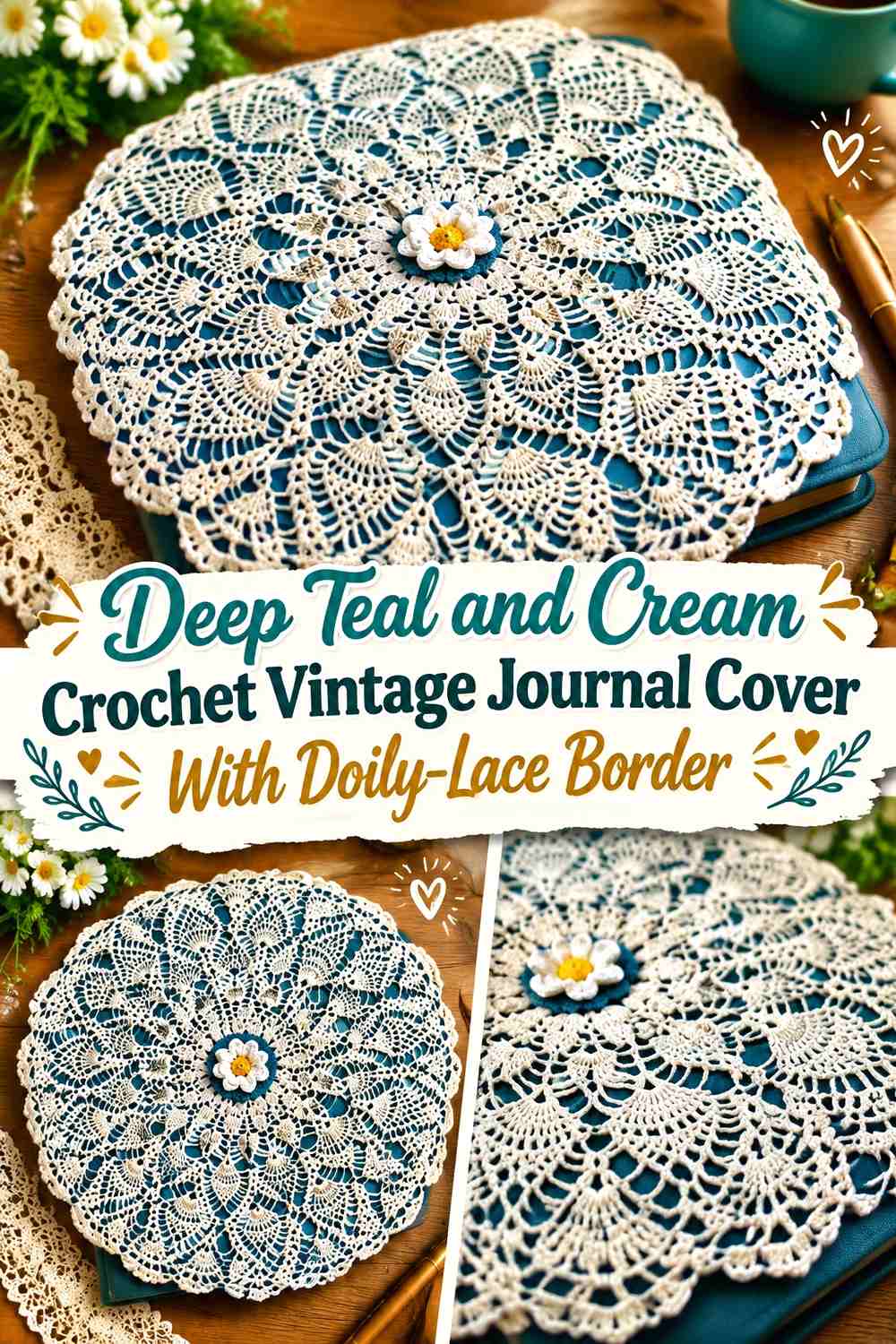 Deep Teal and Cream Crochet Vintage Journal Cover With Doily-Lace Border