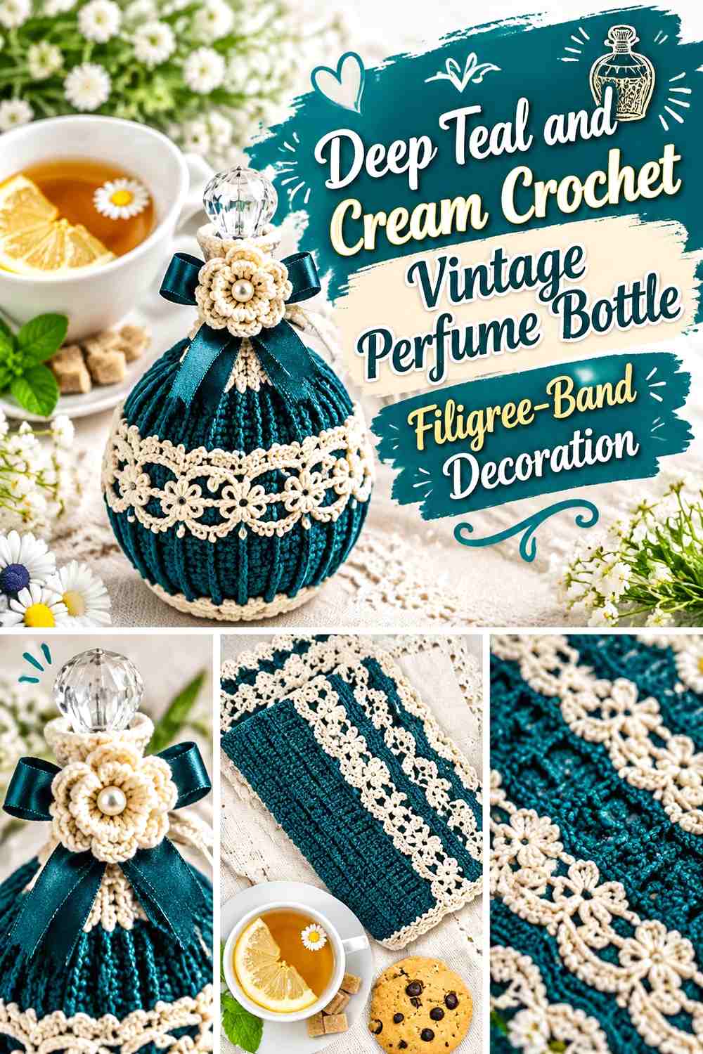 Deep Teal and Cream Crochet Vintage Perfume Bottle Filigree-Band Decoration