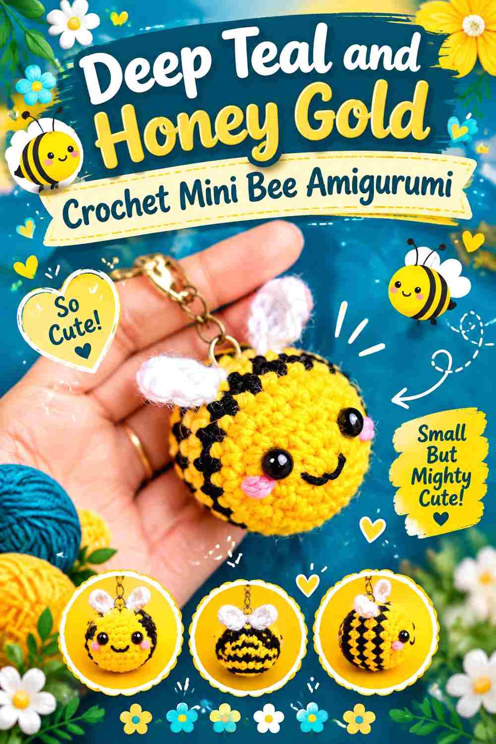 5. Deep Teal And Honey Gold Crochet Mini Bee Amigurumi