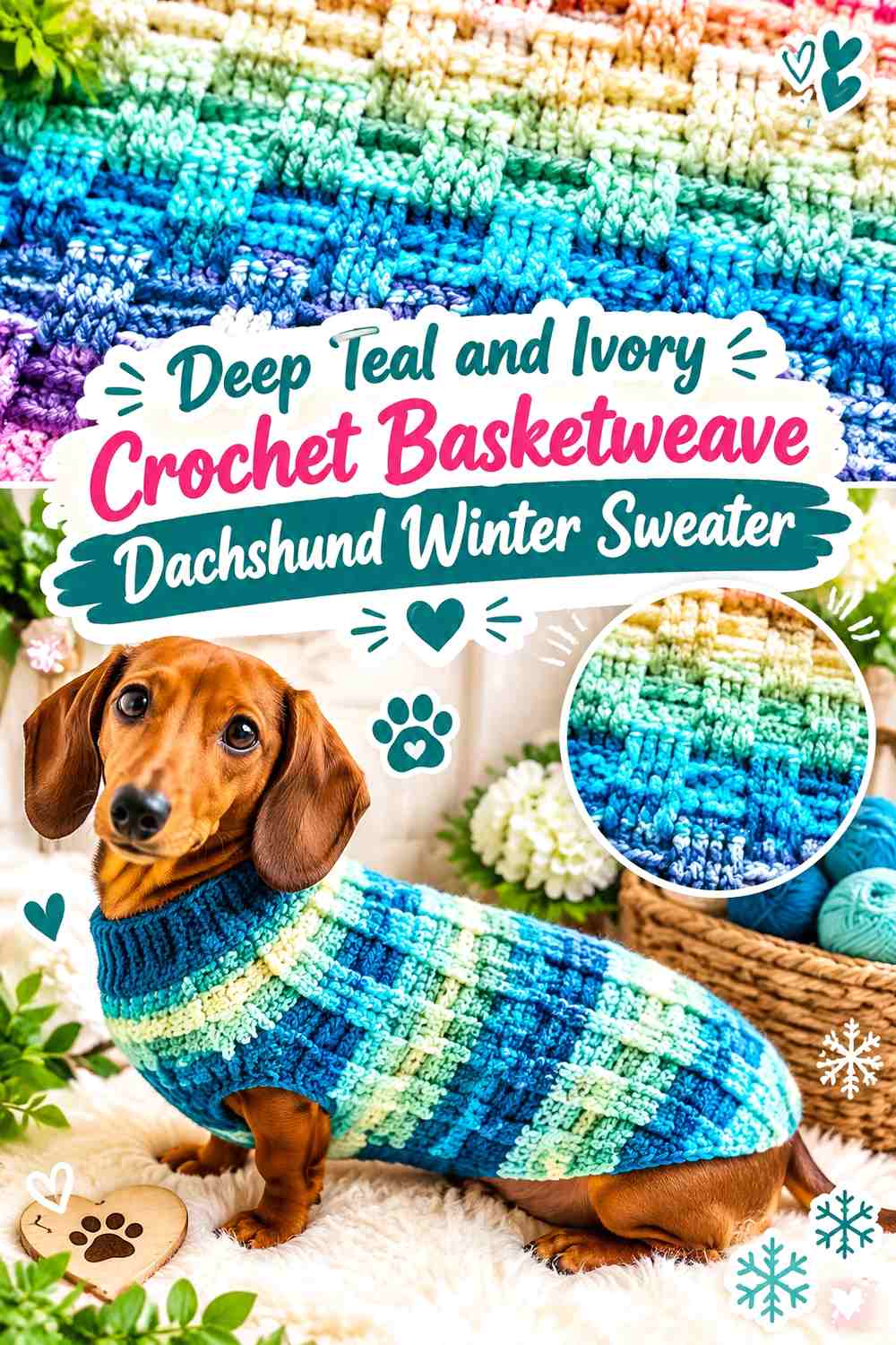 Deep Teal and Ivory Crochet Basketweave Dachshund Winter Sweater
