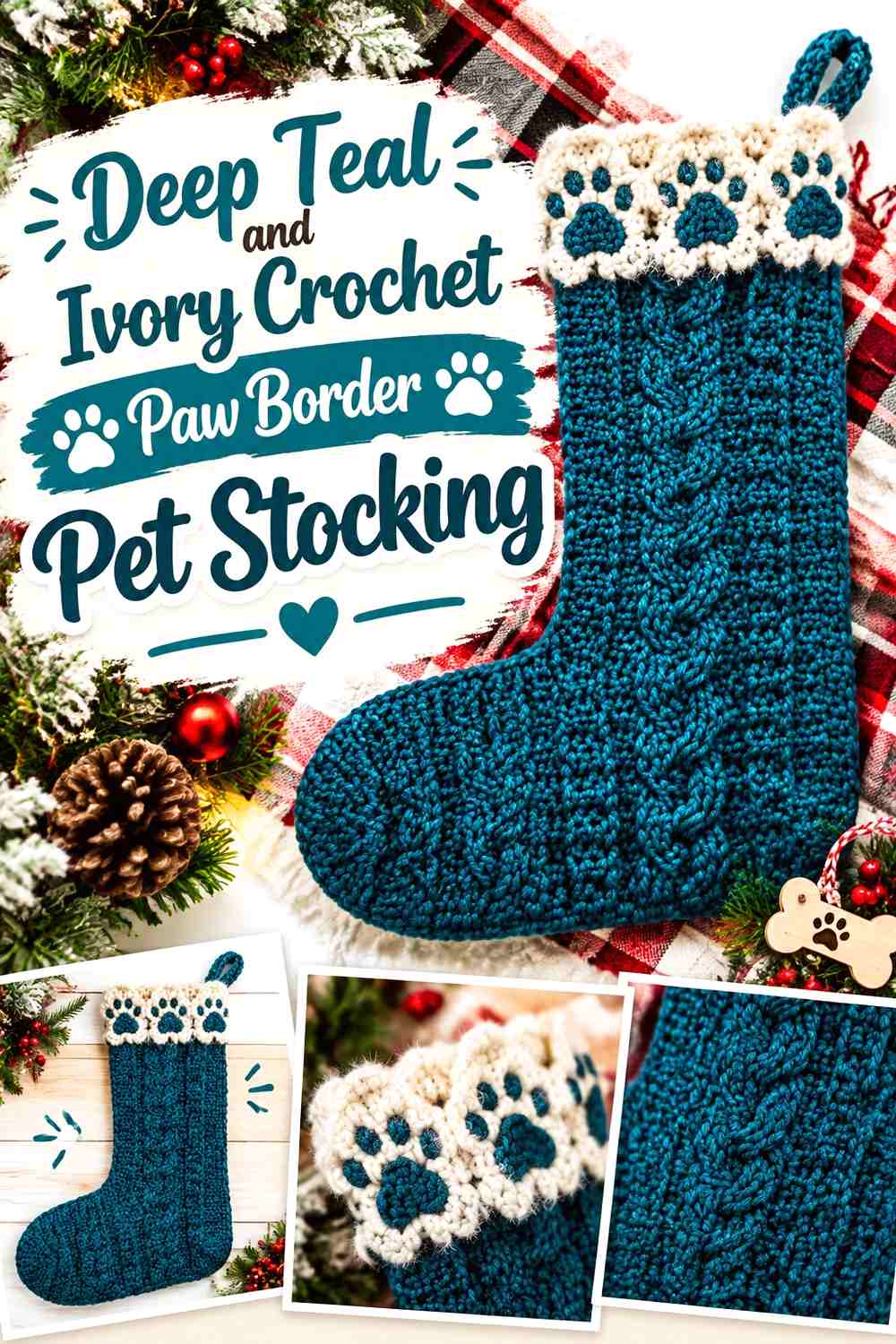 Deep Teal and Ivory Crochet Paw Border Pet Stocking