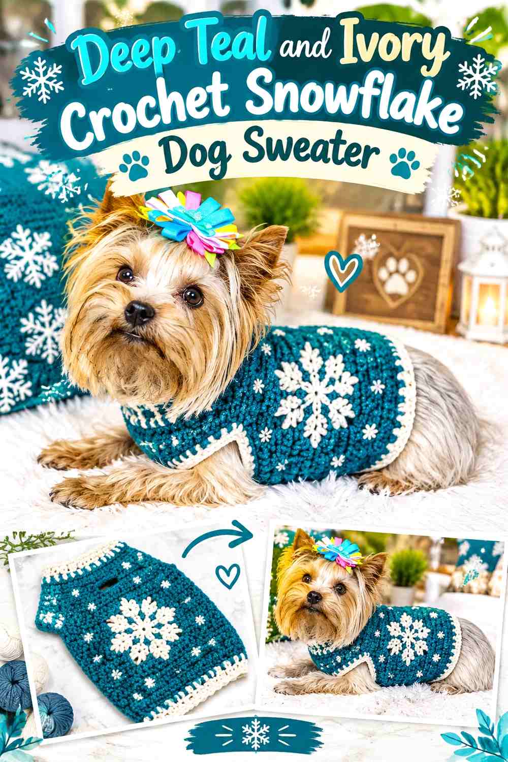Deep Teal and Ivory Crochet Snowflake Dog Sweater