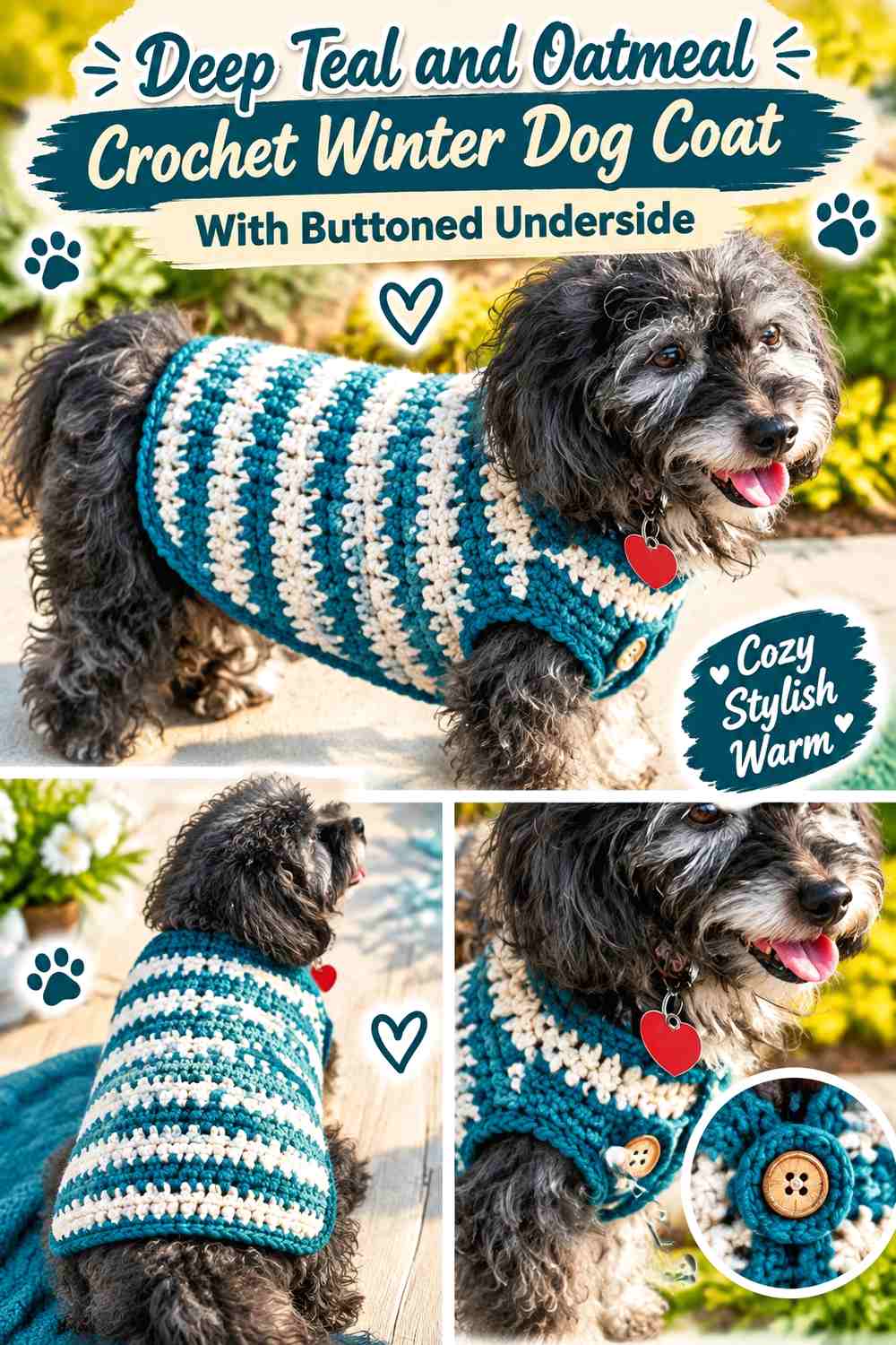 Deep Teal and Oatmeal Crochet Winter Dog Coat With Buttoned Underside