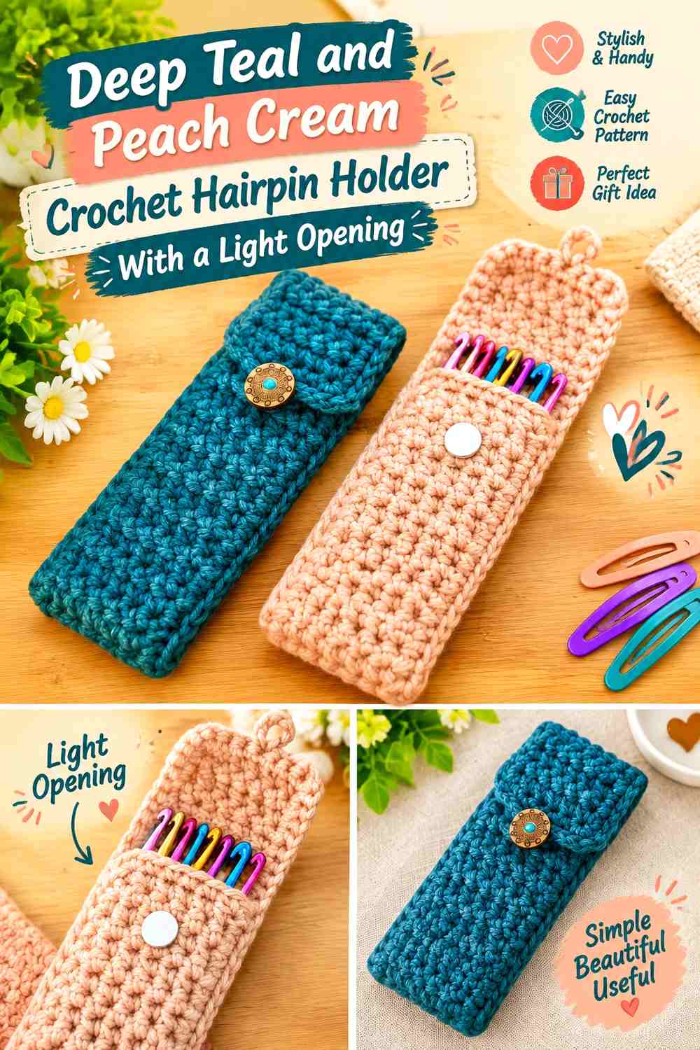 Deep Teal and Peach Cream Crochet Hairpin Holder With a Light Opening