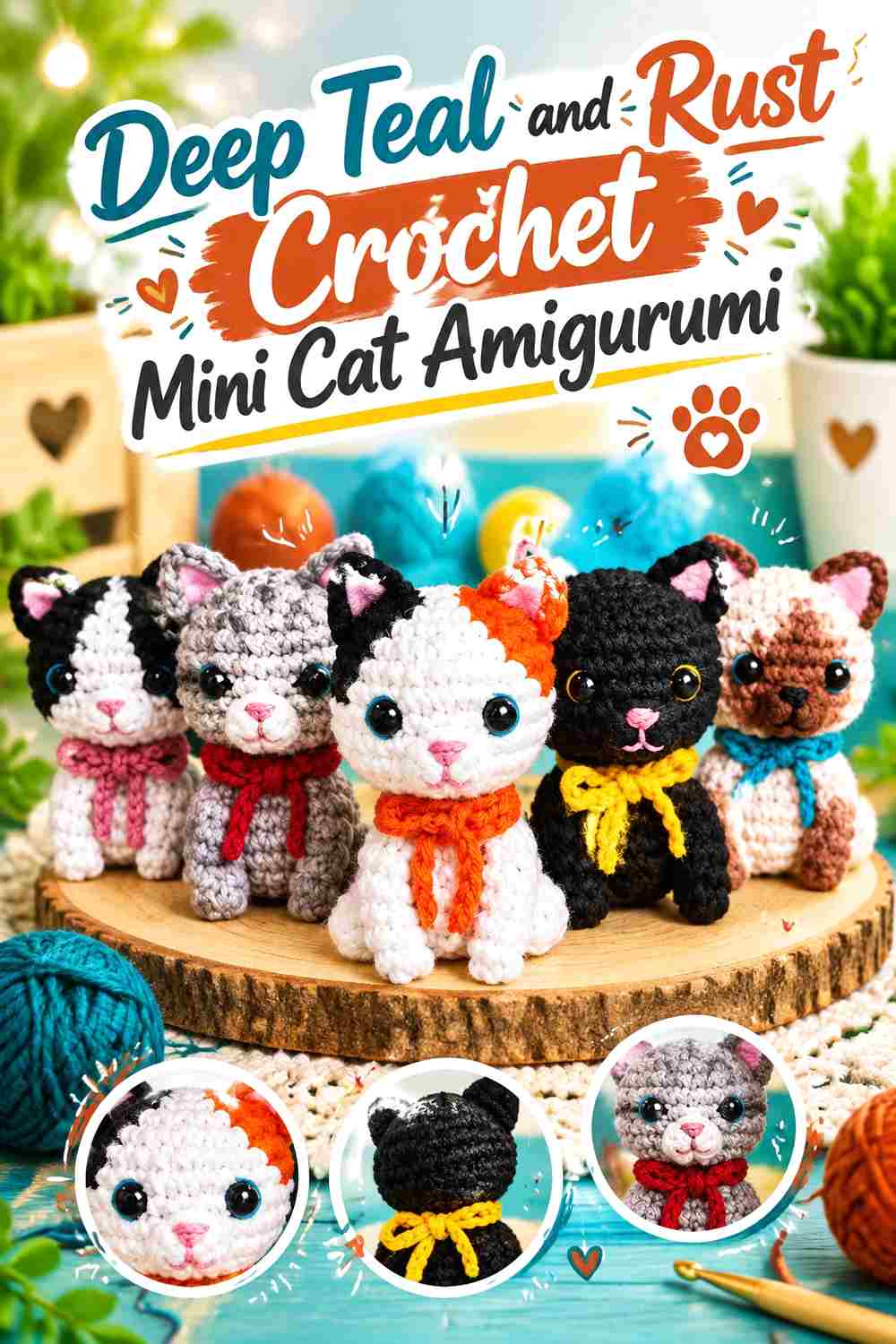 9. Deep Teal And Rust Crochet Mini Cat Amigurumi