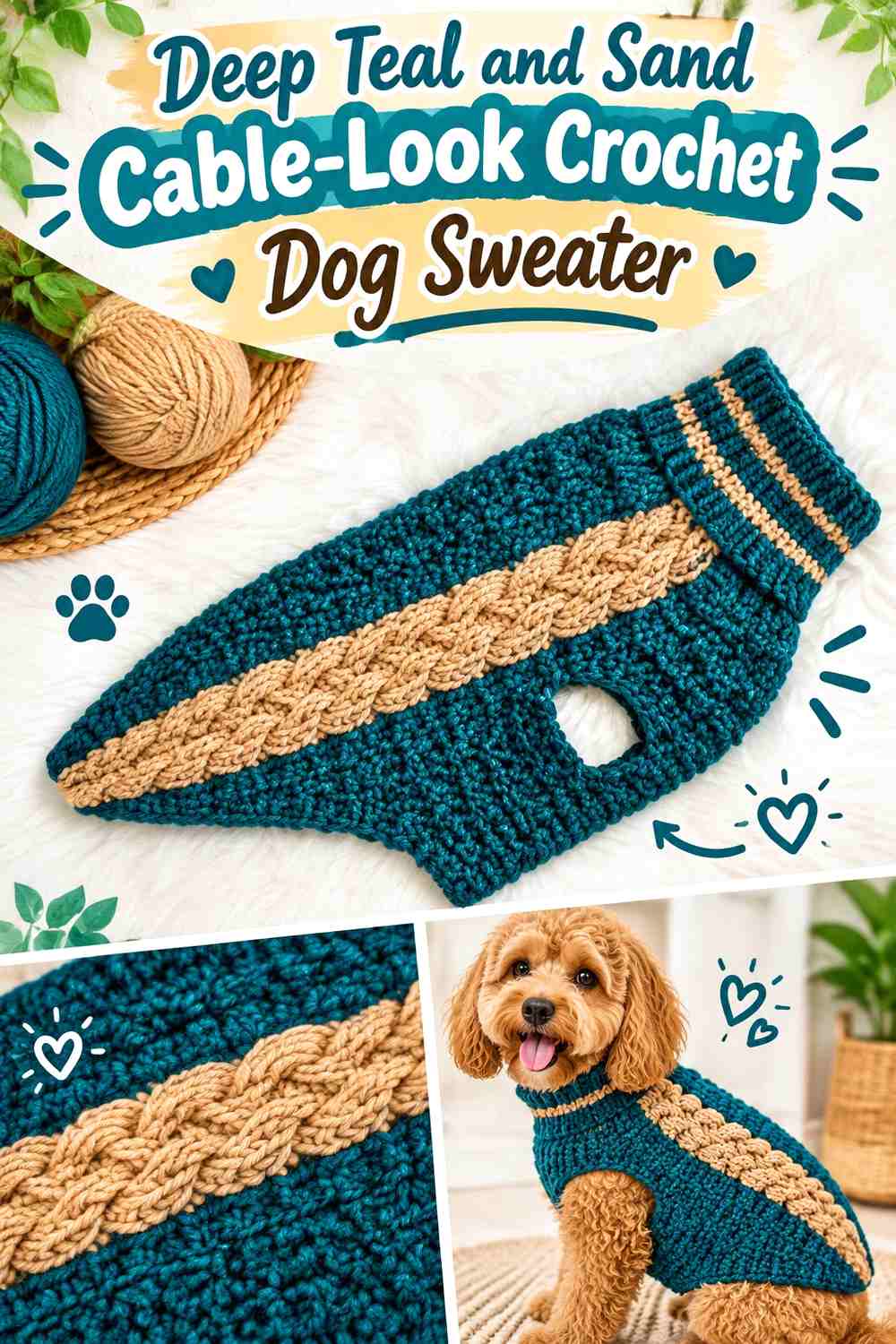 Deep Teal and Sand Cable-Look Crochet Dog Sweater