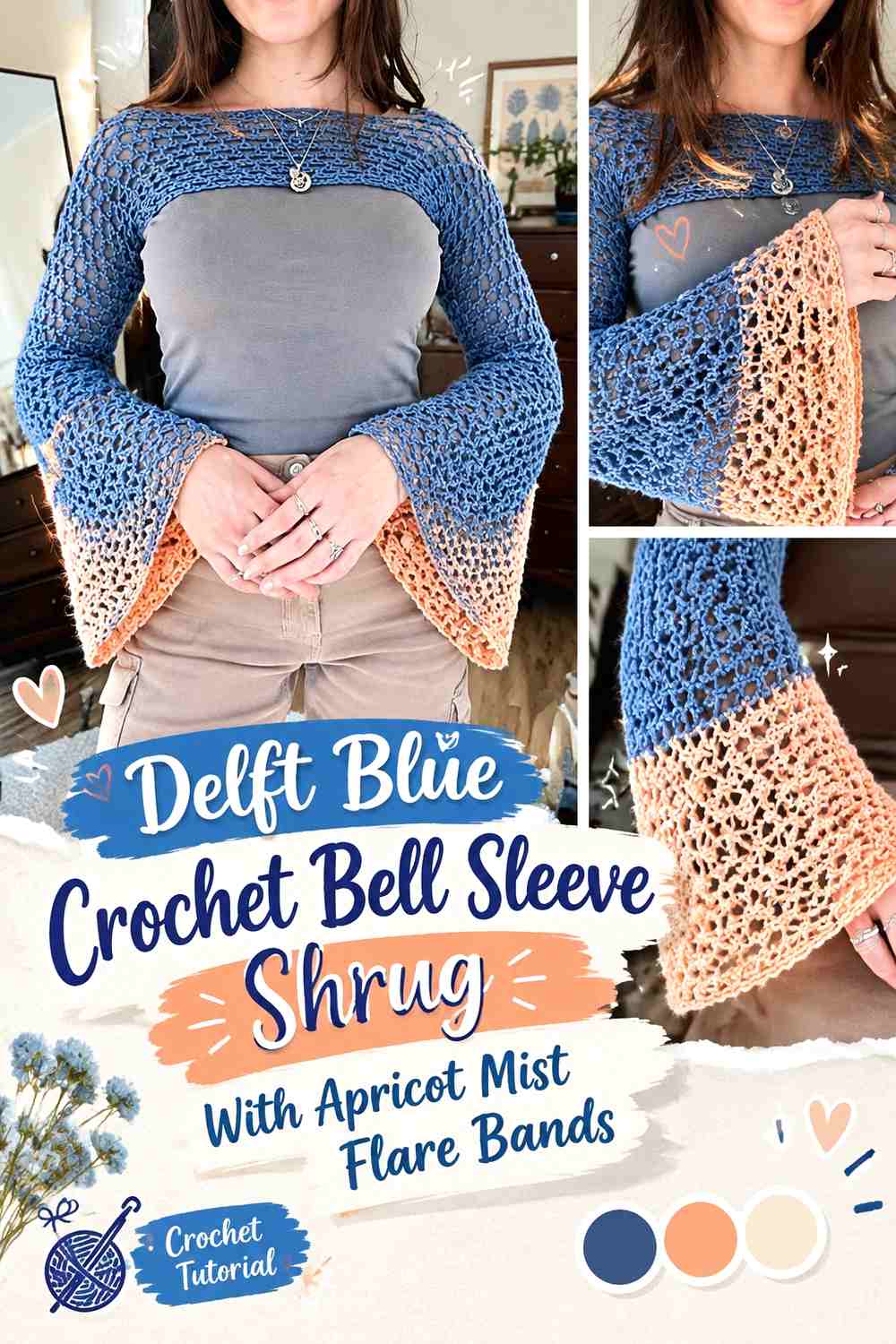 Delft Blue Crochet Bell Sleeve Shrug With Apricot Mist Flare Bands